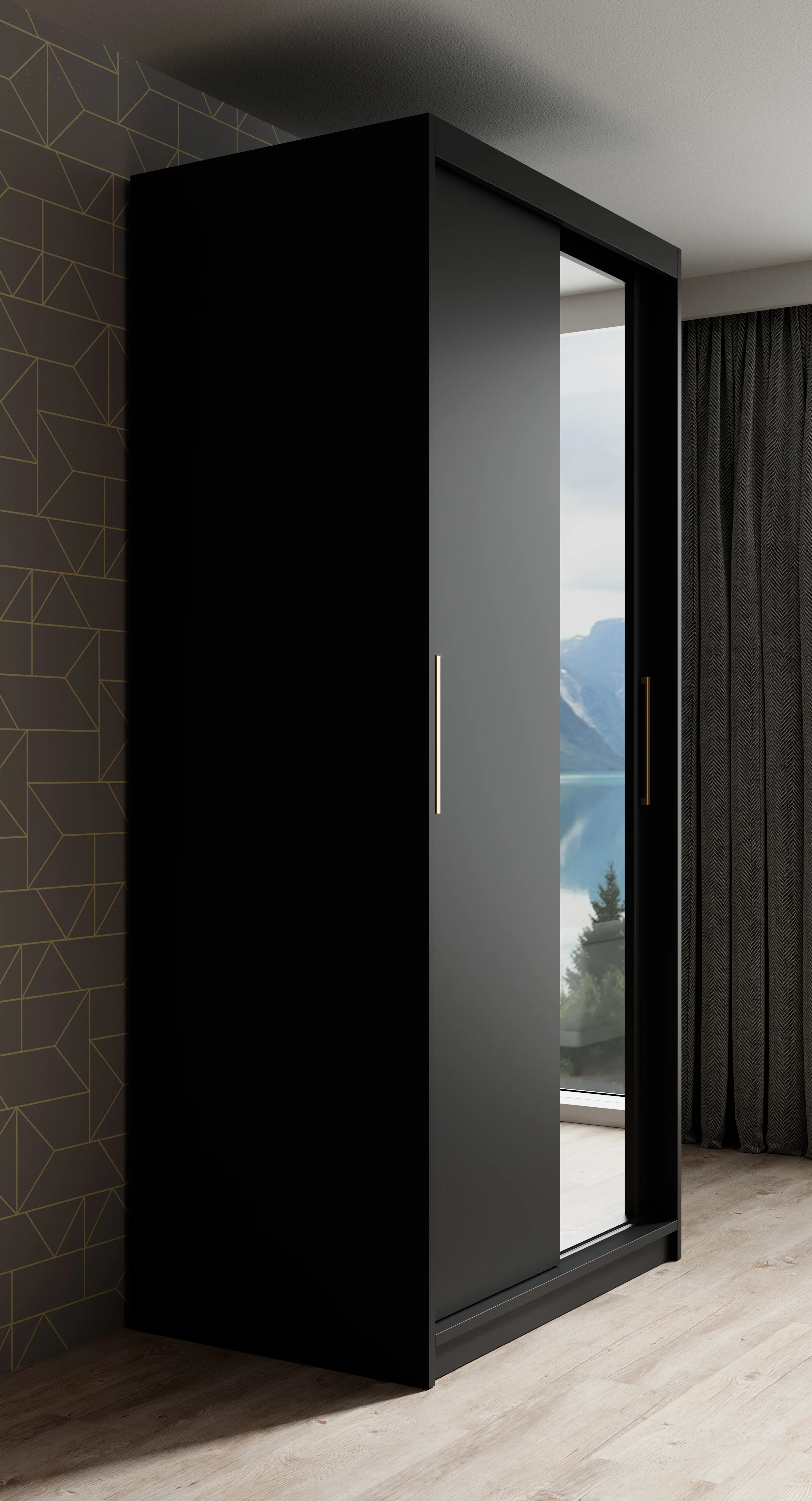 Mandalin - Kledingkast met spiegel - Zwart - 100x62x200 cm - Image 4