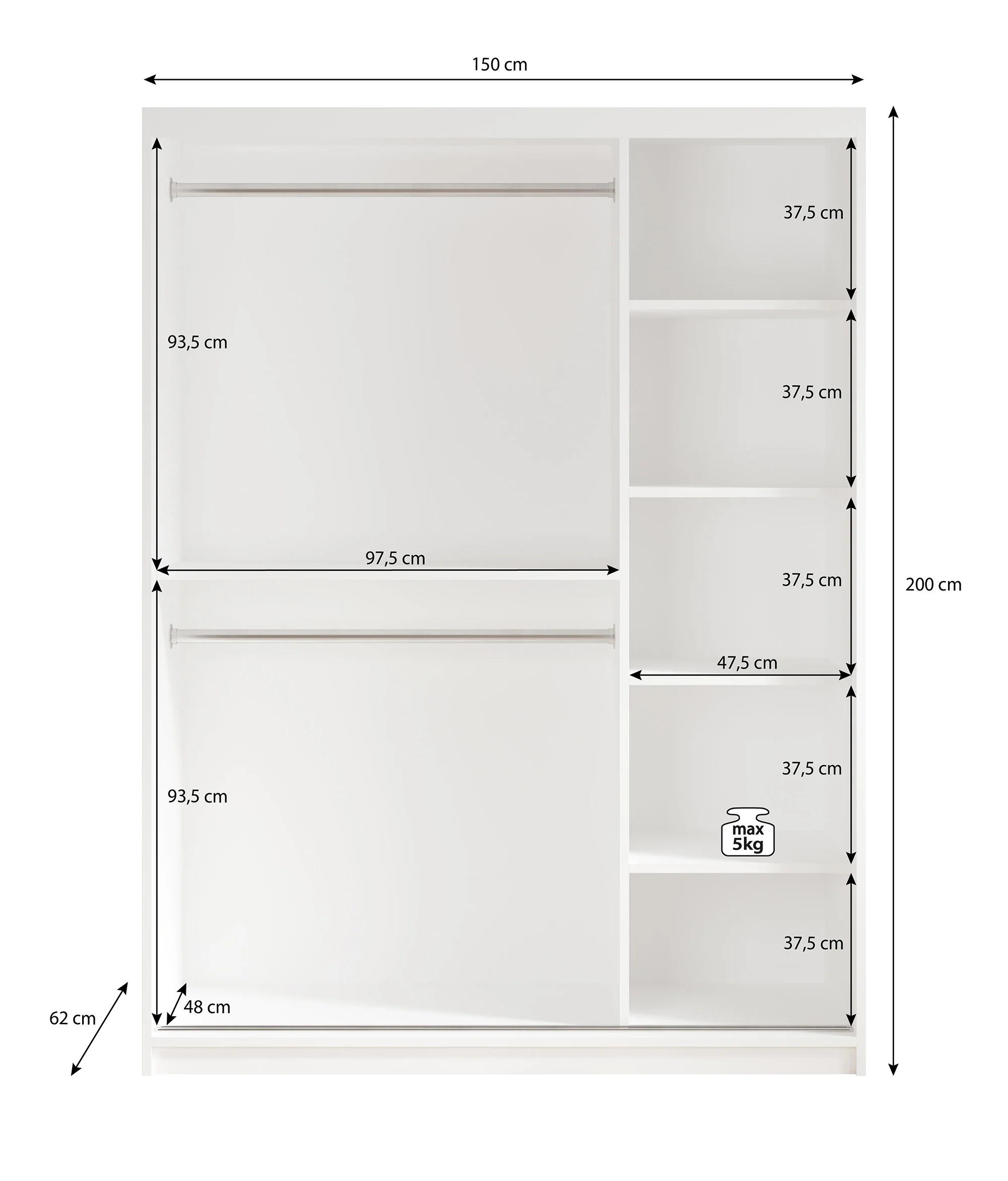 Mandalin - Kledingkast met schuifdeuren - Zwart - 150x62x200 cm - Image 5