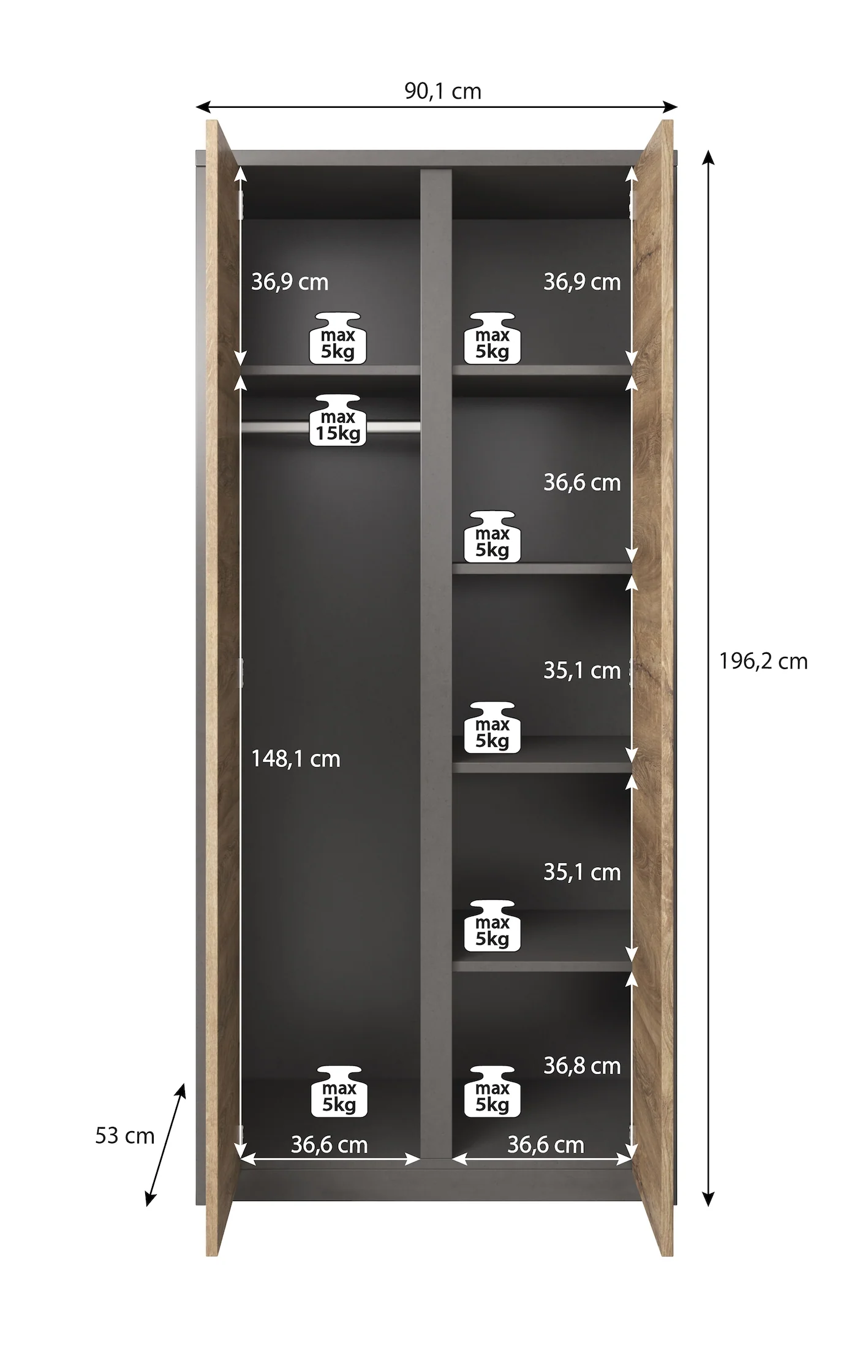 Melody - Kledingkast 2-deurs - Wit/eiken - 90x53x197 cm - Image 5