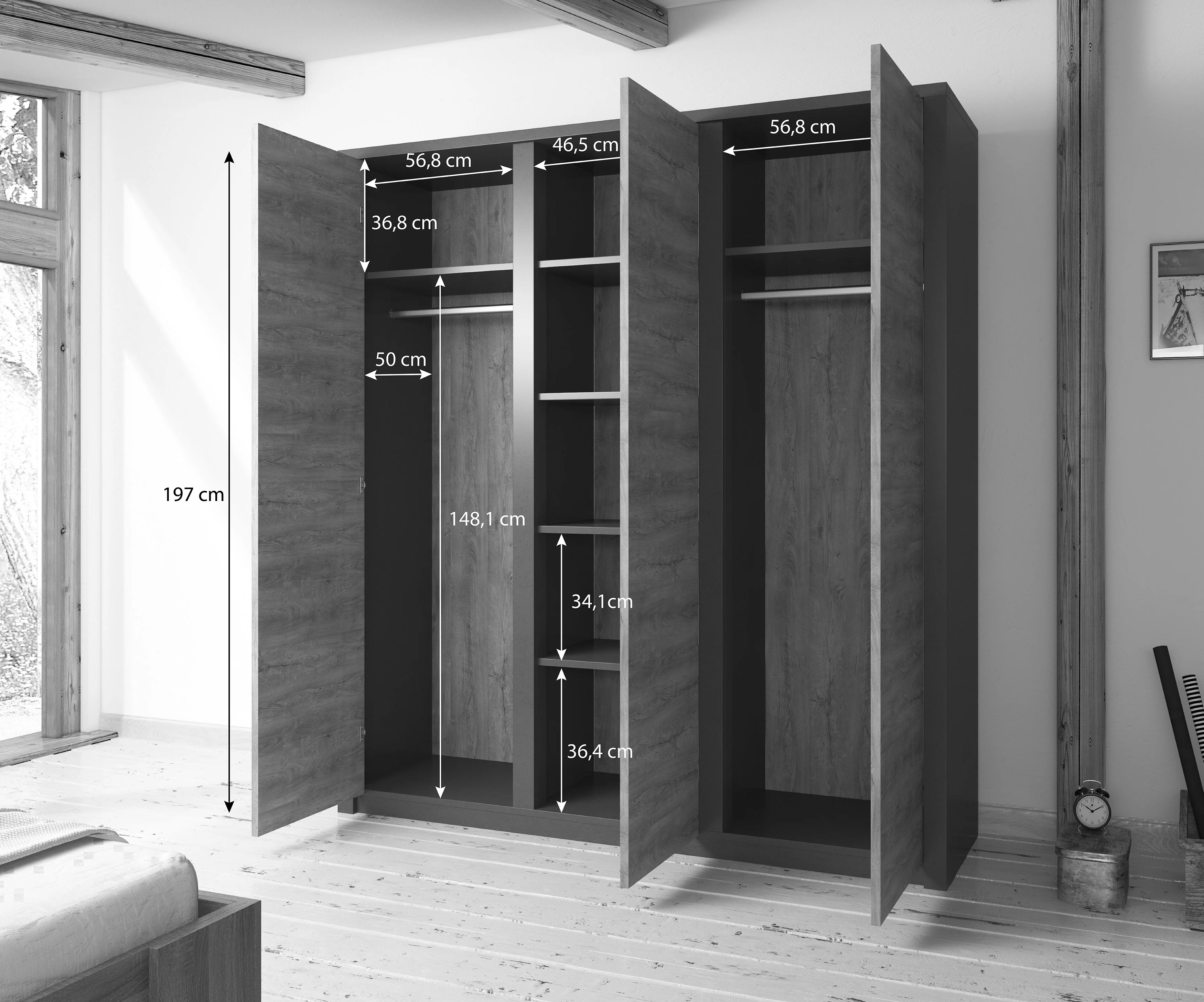 Monaco - Kledingkast 3-deurs - Eiken  - 166x53x197 cm - Image 3