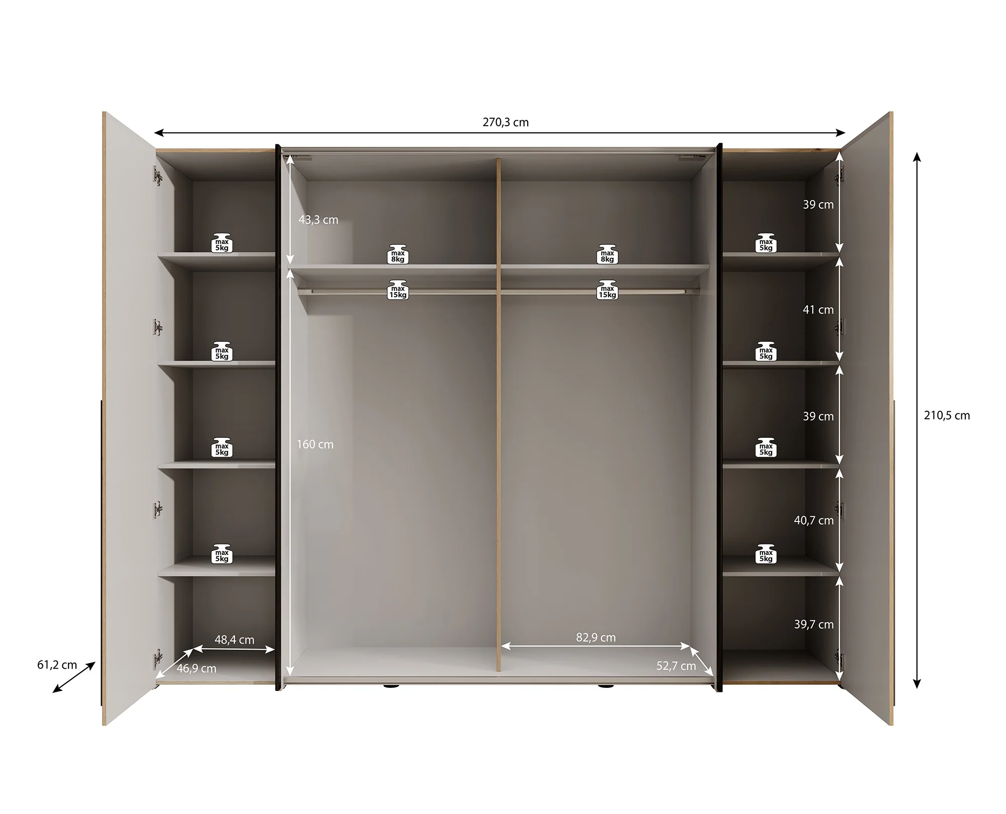 Nassau - Kledingkast met schuifdeuren - Eiken/grijs - 270x61x210 cm - Image 5