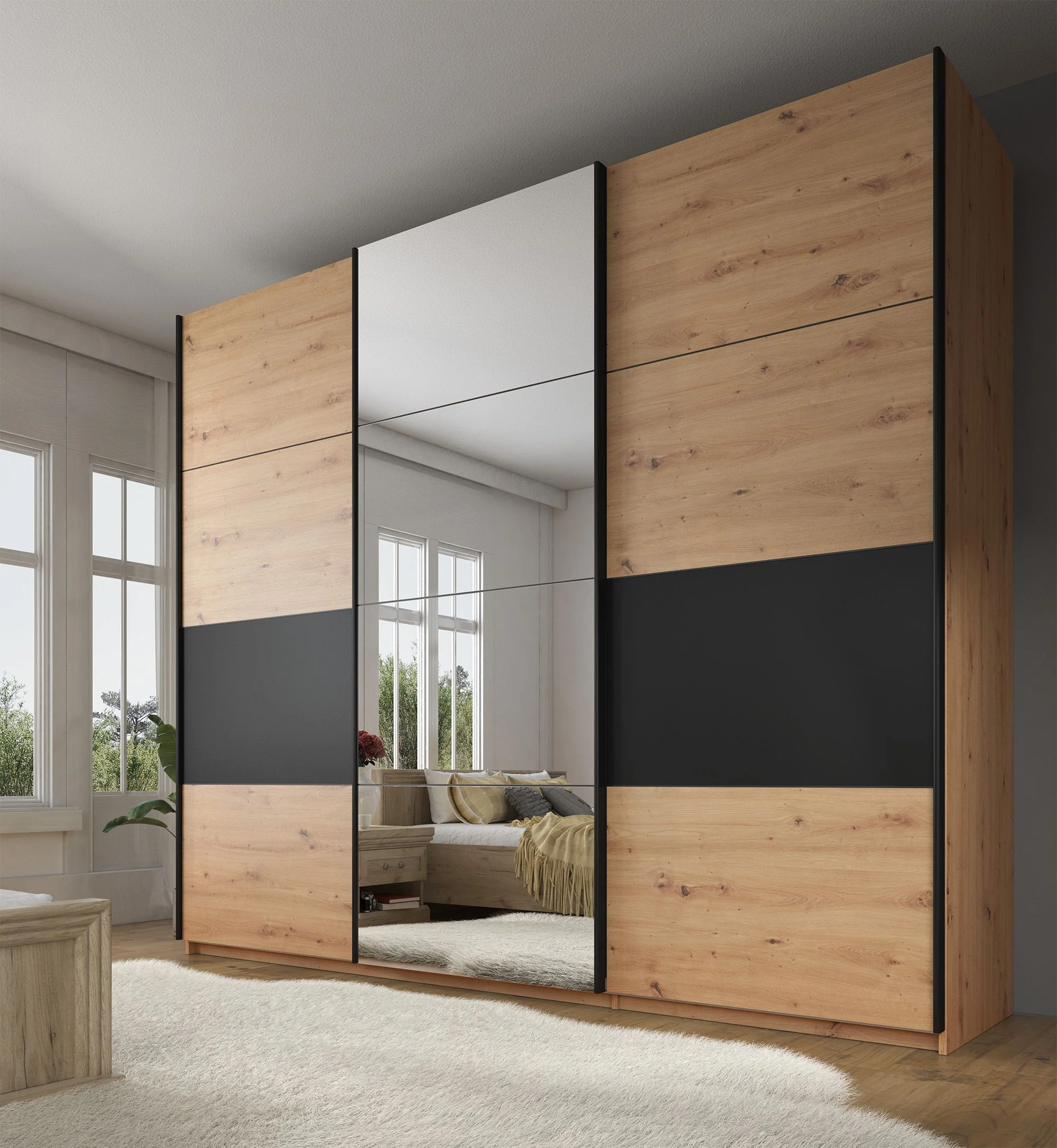 Saturn - Kledingkast met schuifdeuren - Eiken/zwart - 263x66x224 cm