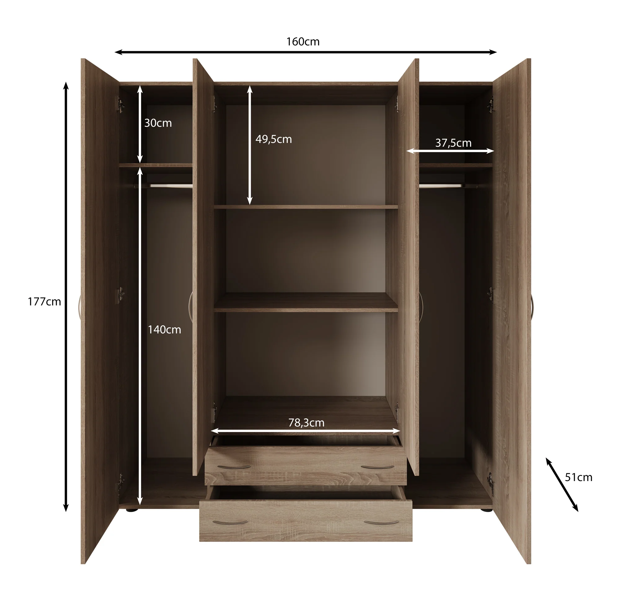 Serra - Kledingkast 4-deurs - Wit - 160x51x177 cm - Image 5