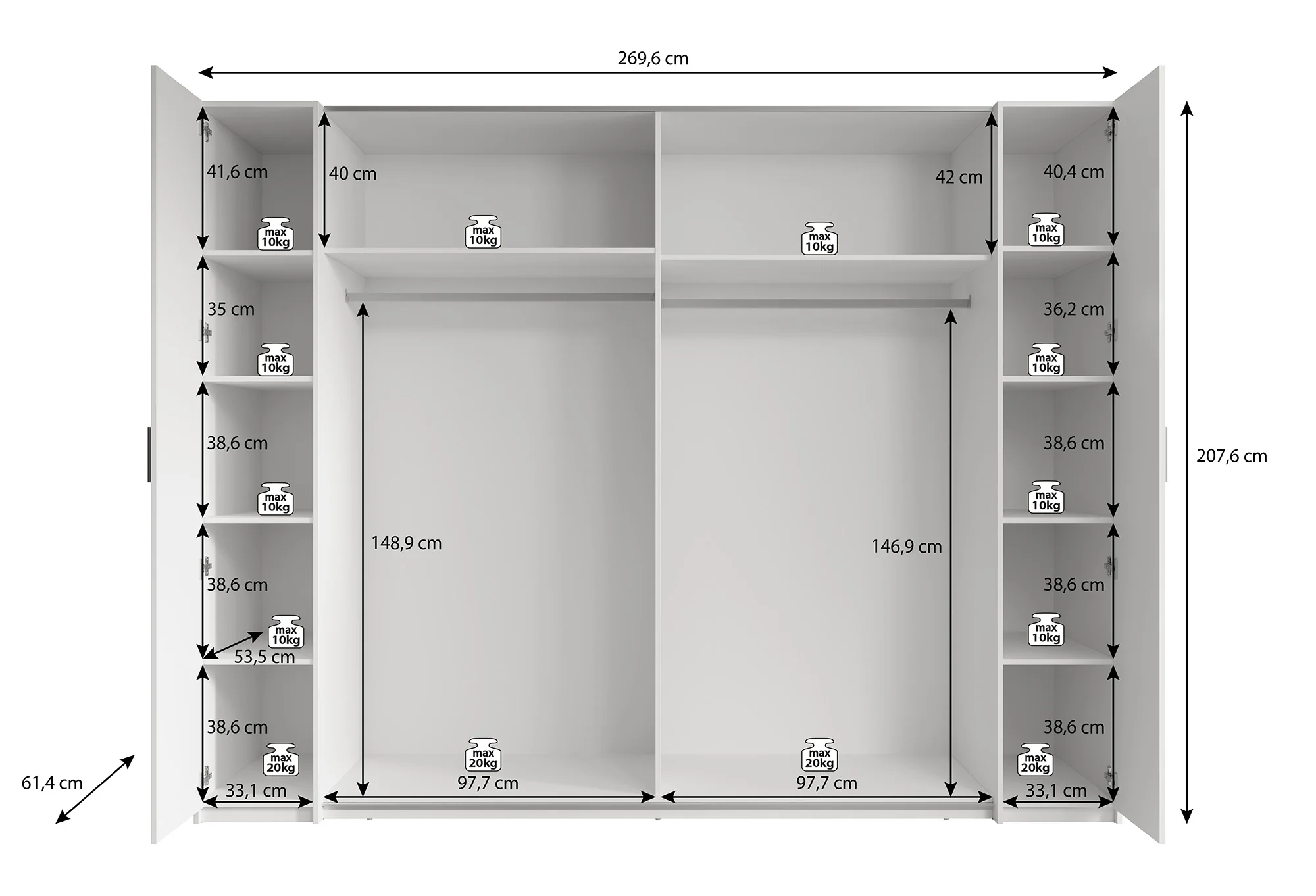 Stoke - Kledingkast 4-deurs - Wit - 270x61x208 cm - Image 5