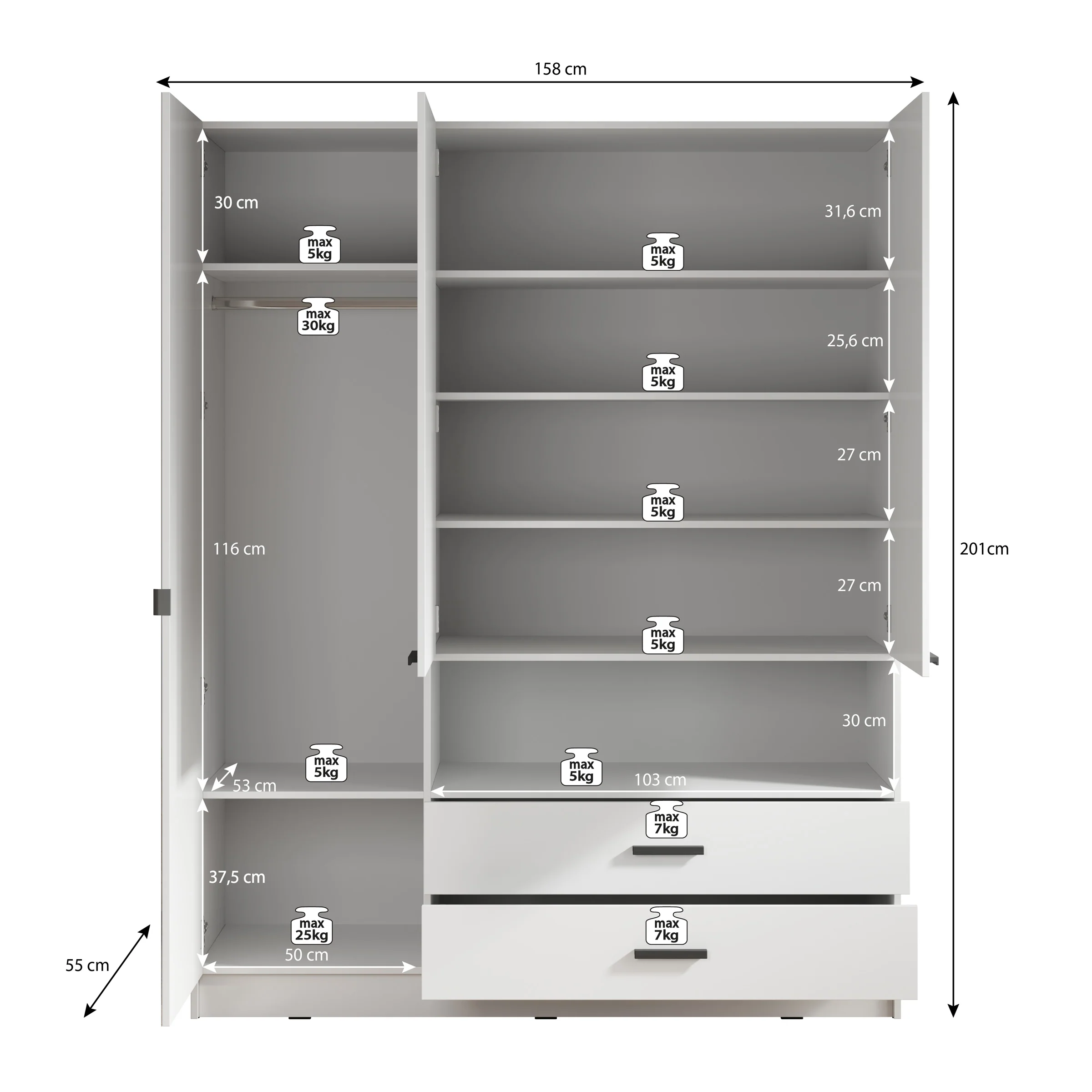 Tobin - Kledingkast 3-deurs - Eiken - 158x55x201 cm - Image 5
