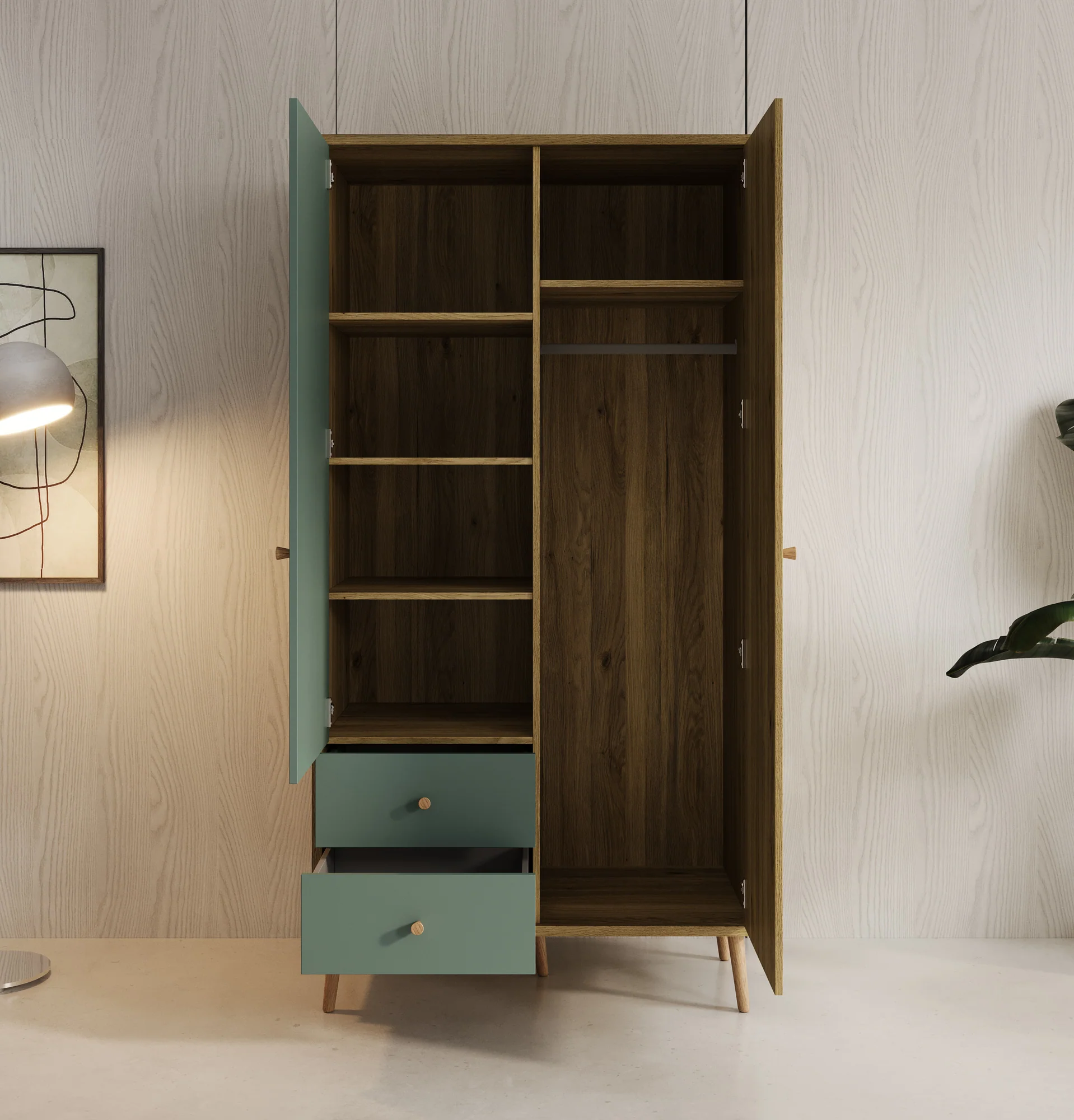 Wally - Kledingkast 2-deurs - Licht eiken/groen - 95x52x186 cm - Image 3