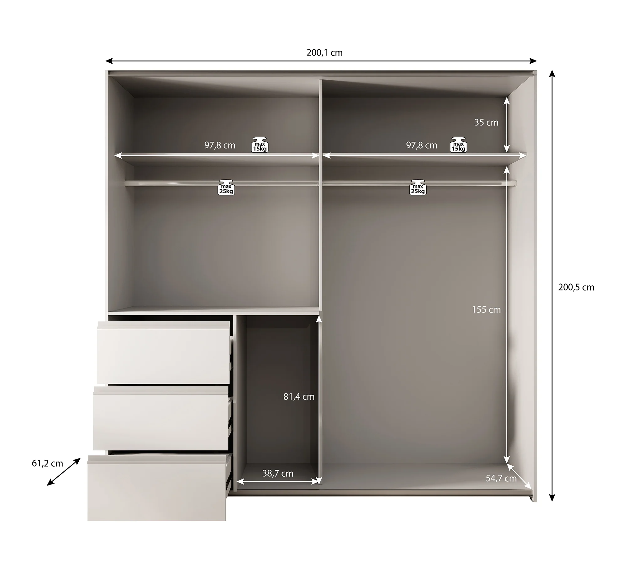 Walter - Kledingkast met schuifdeuren - Eiken/grijs - 200x61x200 cm - Image 5