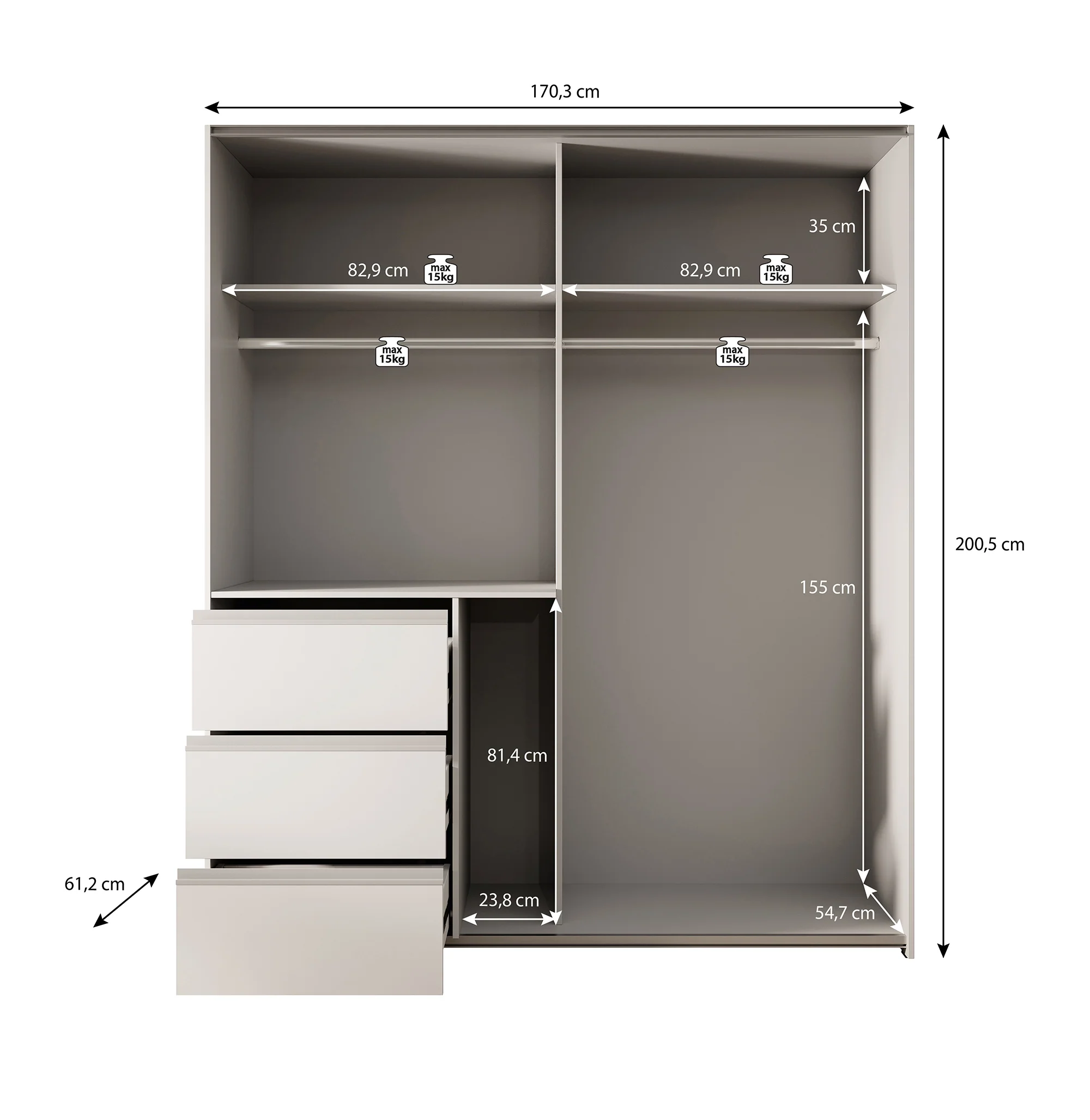 Walter - Kledingkast met schuifdeuren - Wit - 170x61x200 cm - Image 5