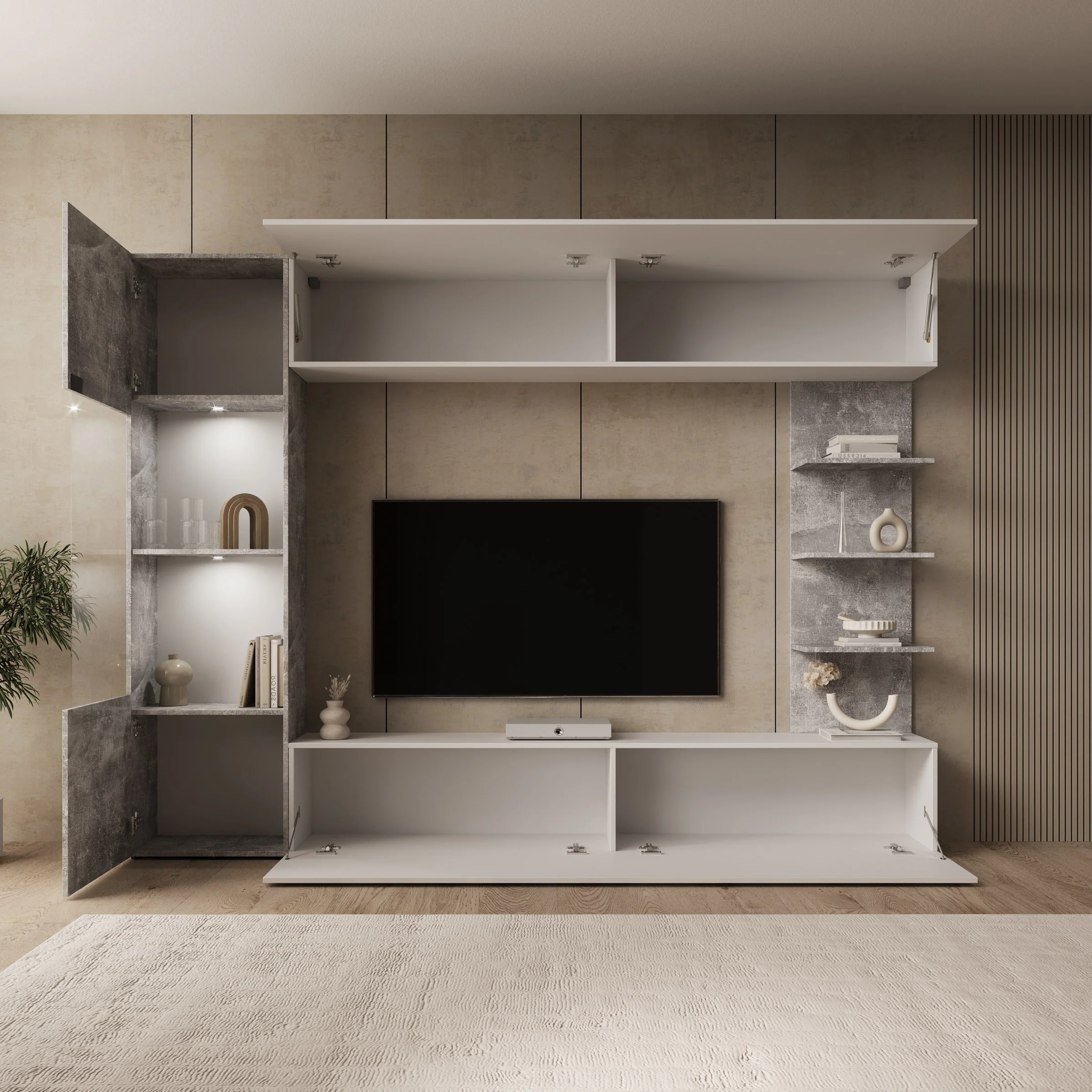 Lomezzo - Wandmeubel met verlichting - Wit/Betonlook - 250x30x187 cm - Image 2