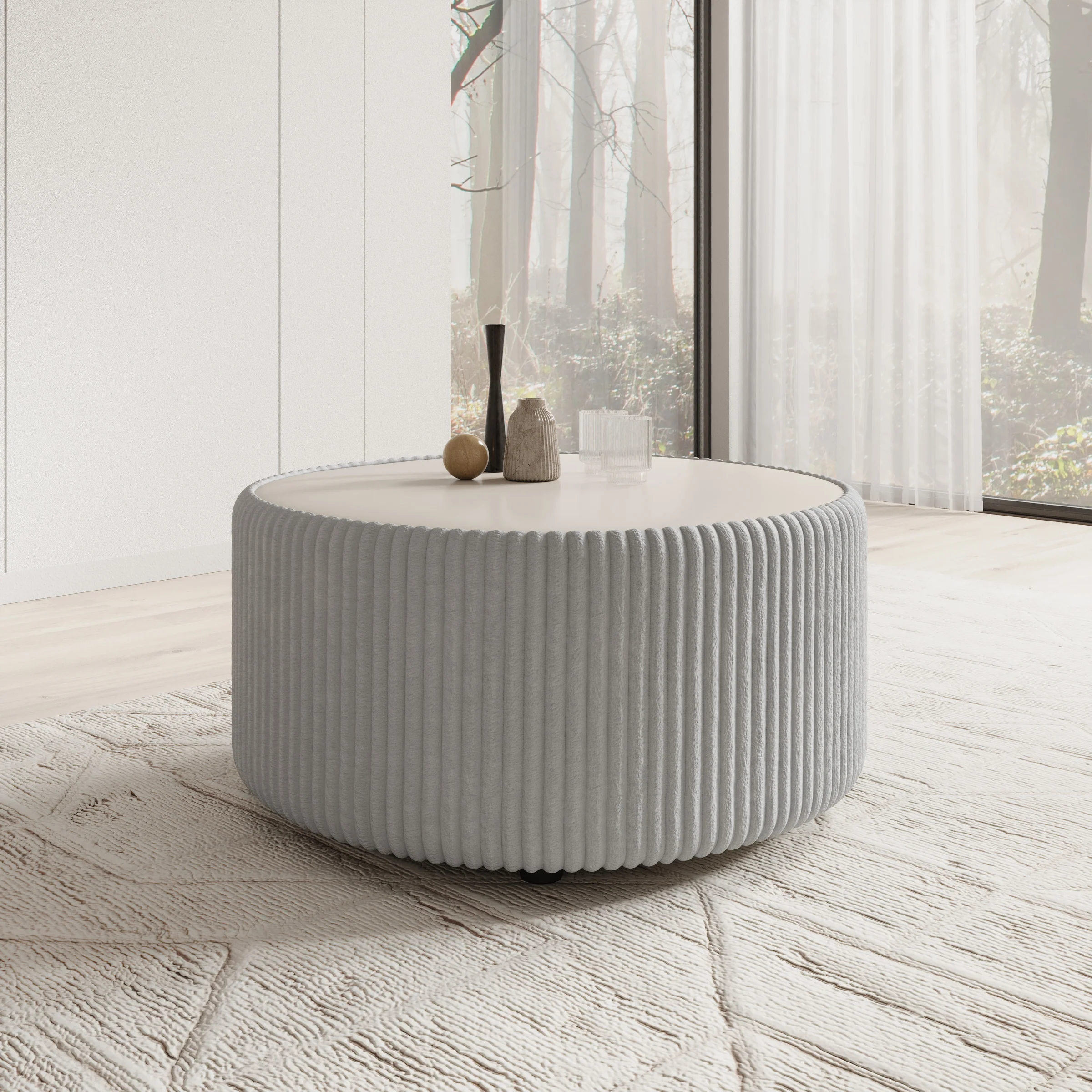 Marano - Salontafel - Fluffy ribstof grijs  - 89x89x42 cm
