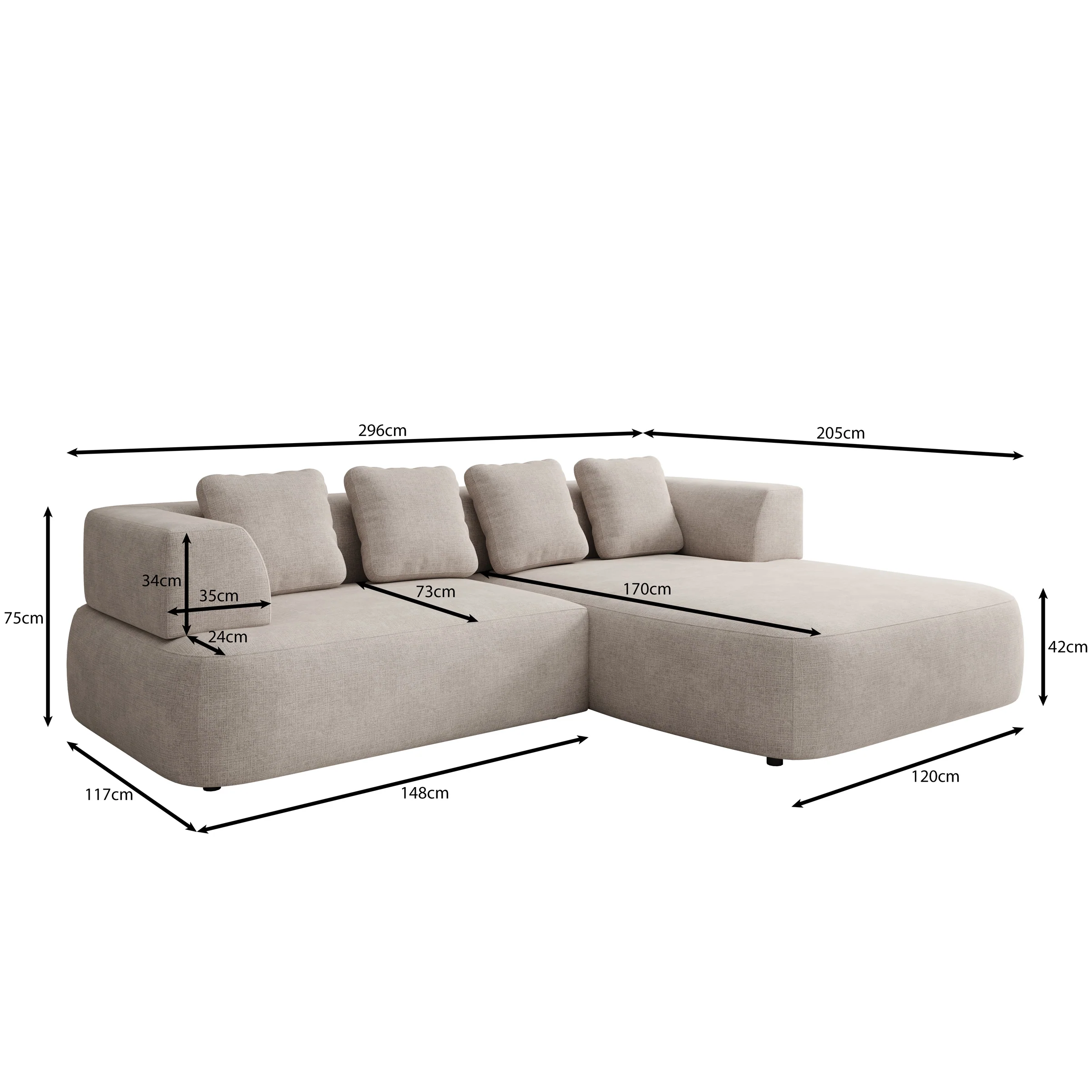 Marcelli - Hoekbank 3-zits met chaise longue - Stof beige - Rechts - Image 3
