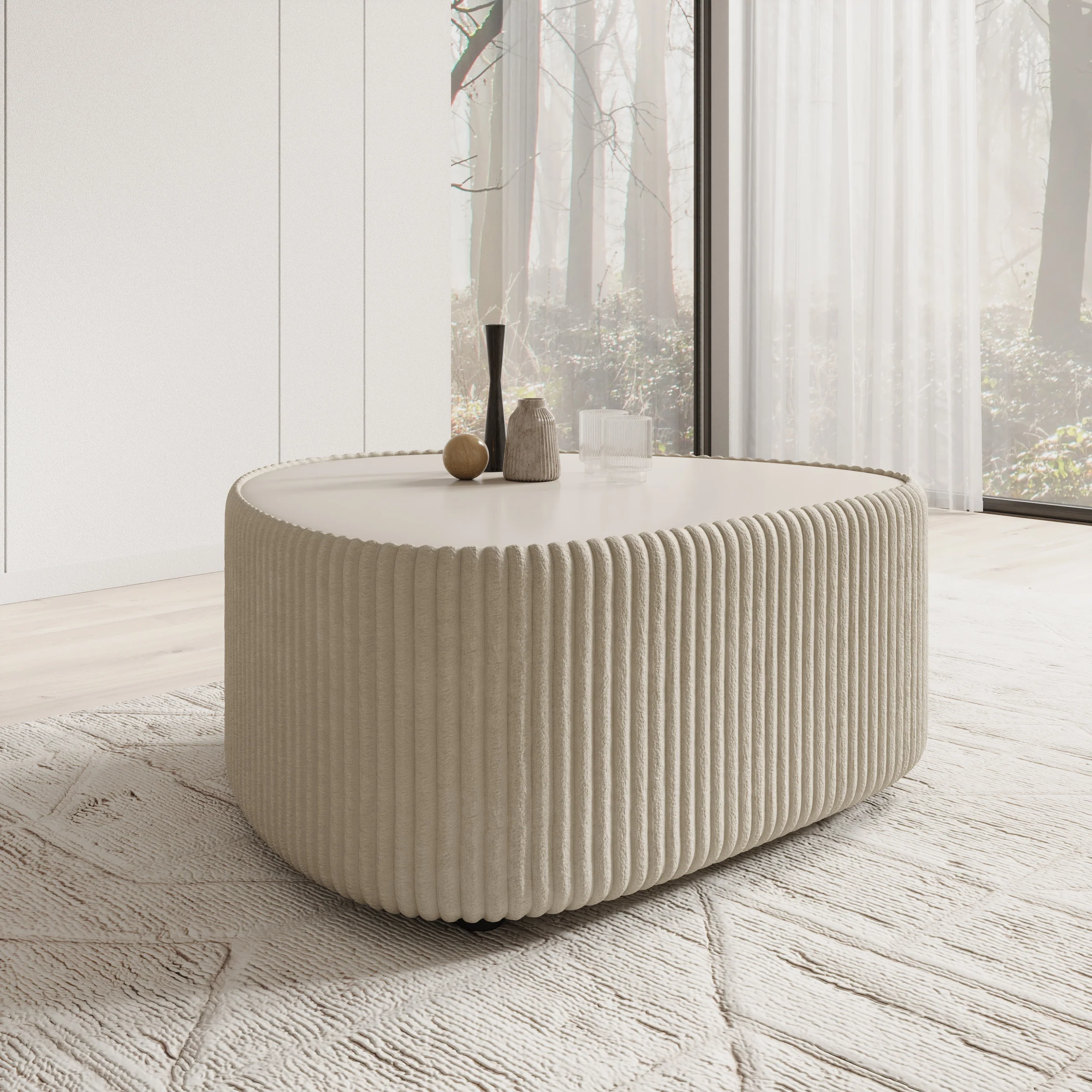 Marlen - Salontafel - Fluffy ribstof beige - 96x89x42 cm