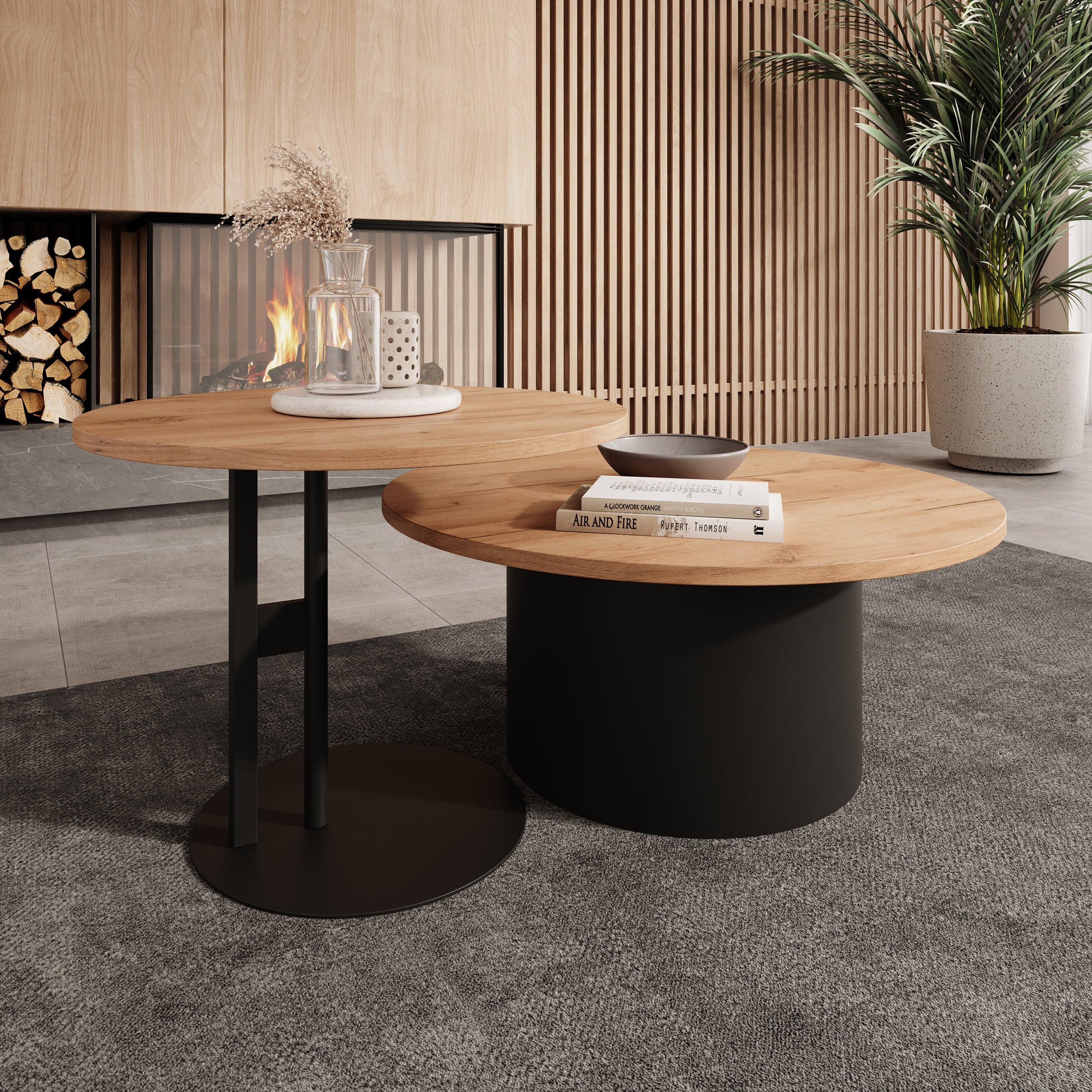 Mastro - Salontafel set van 2 - Zwart / Eikenpatroon - 58-75