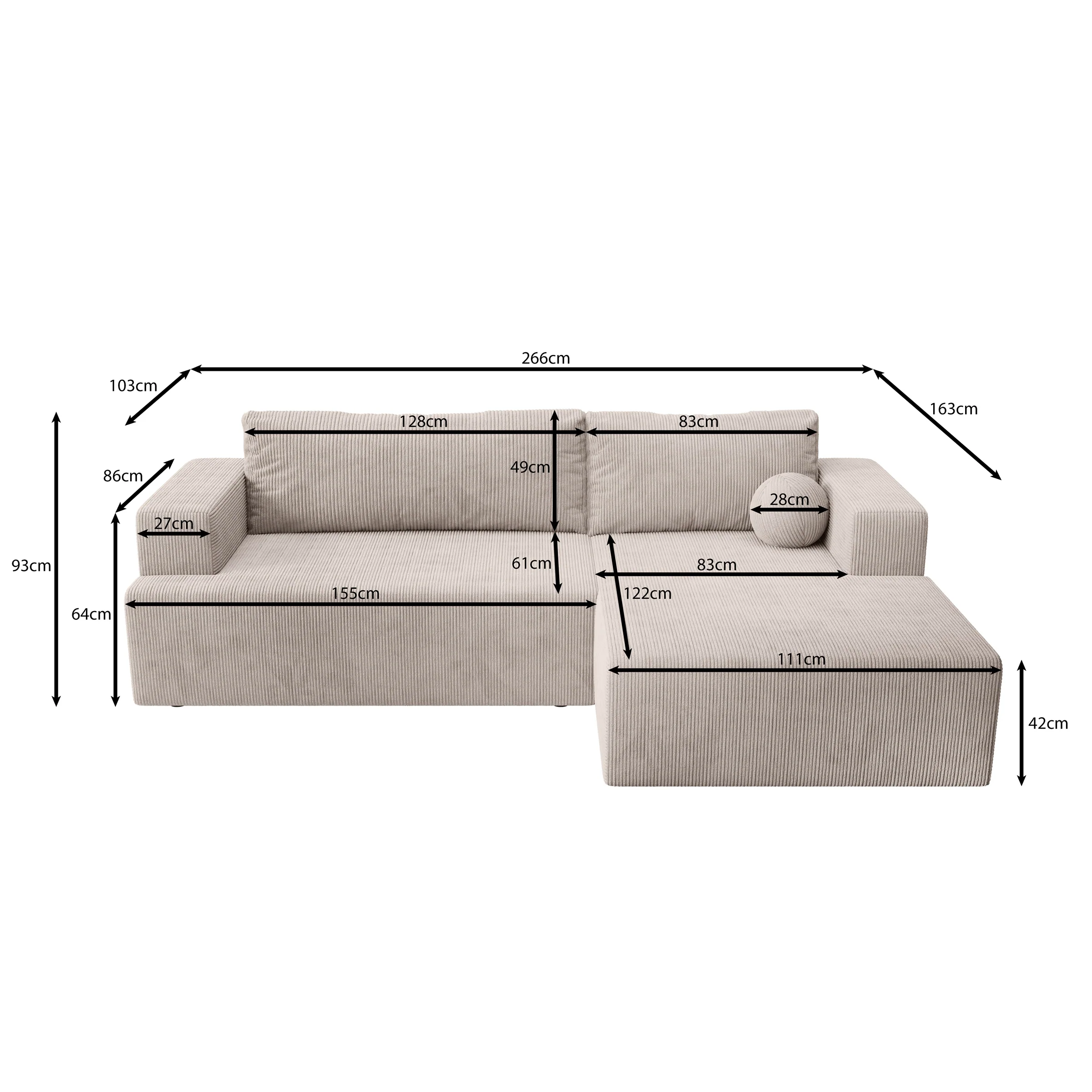 Mavana - Hoekbank 2-zits met chaise longue - Ribstof zwart - Rechts - Image 4