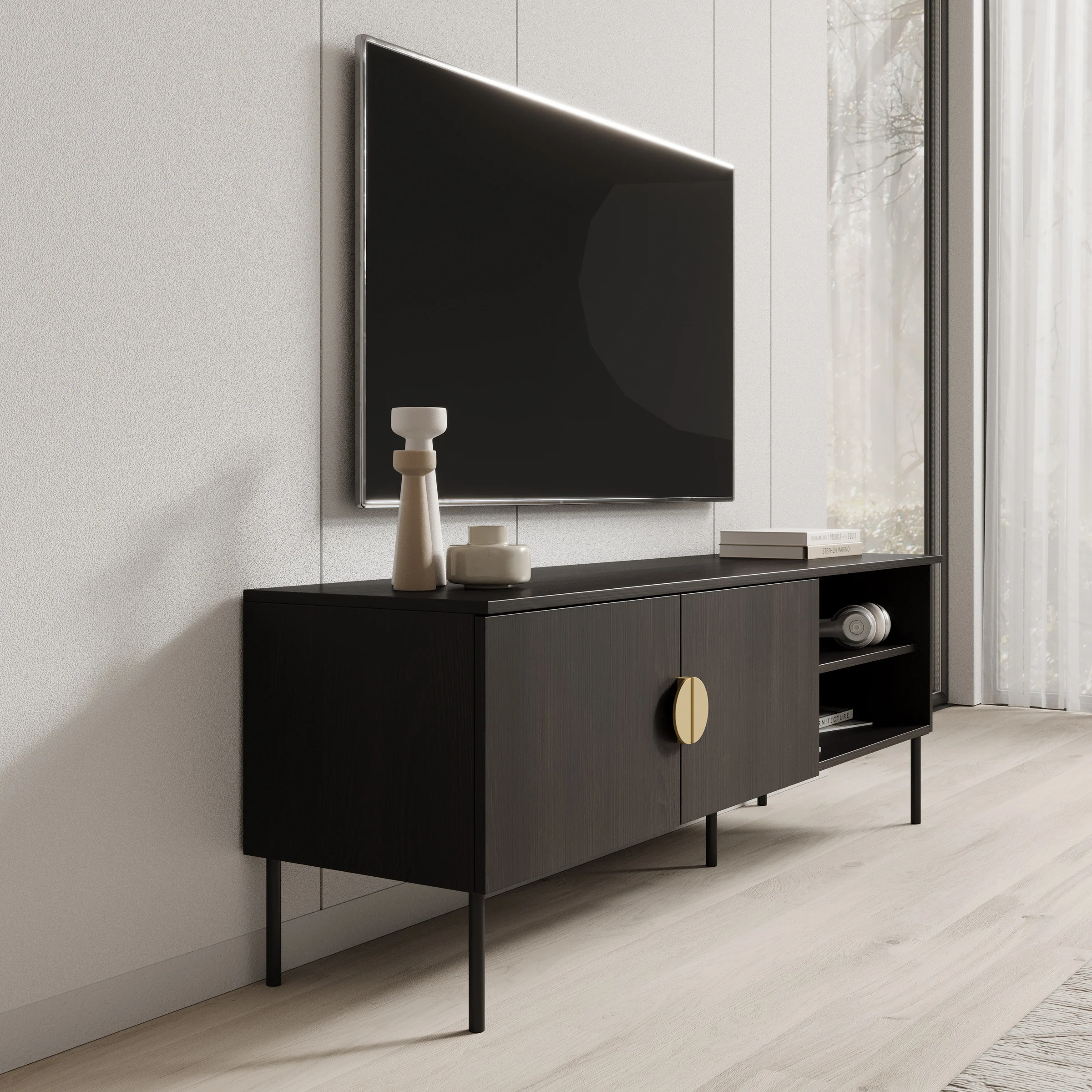 Monor - TV-Meubel - Zwart eiken - 160x40x54 cm - Image 4