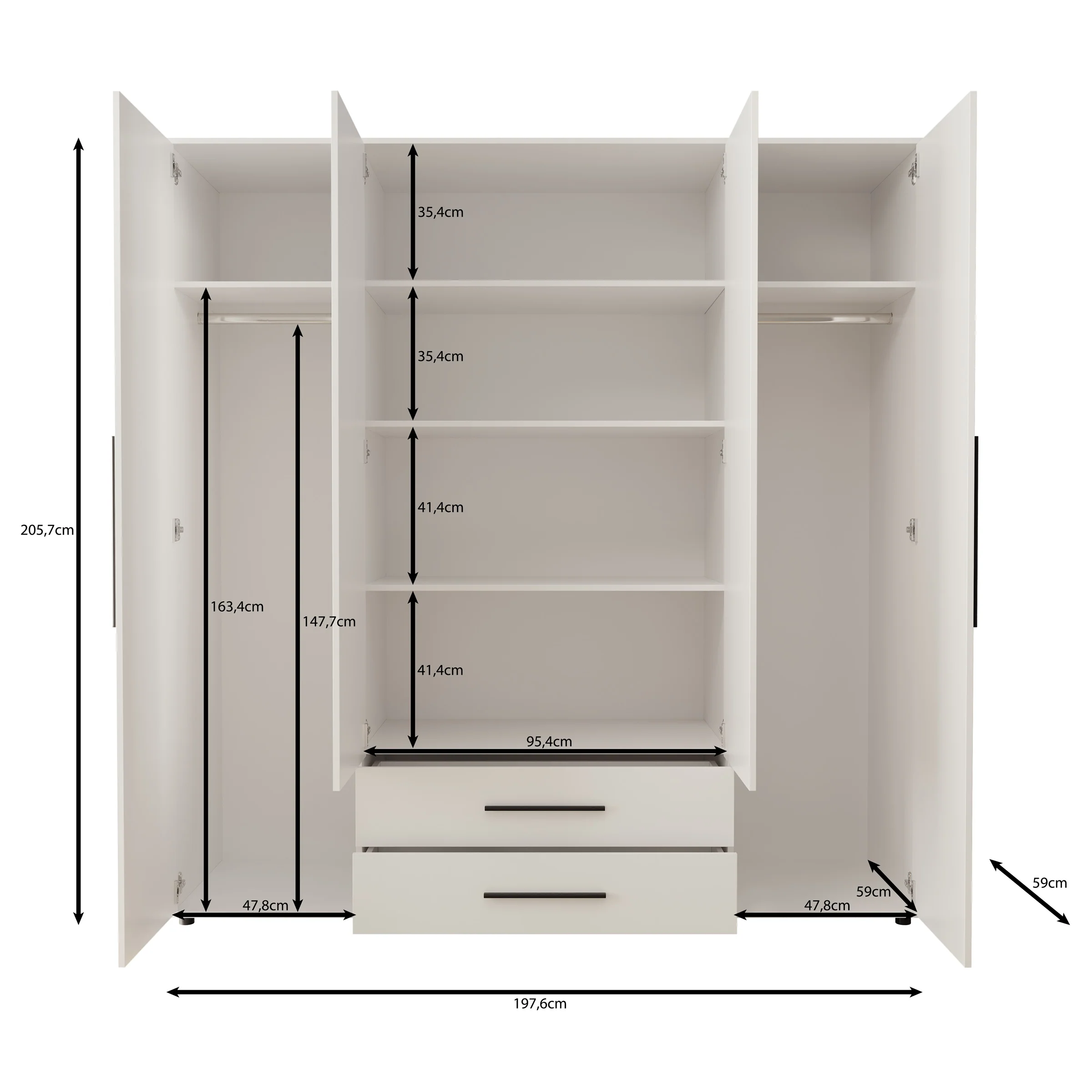 Montalo - Kledingkast 4-deurs - Wit - 198x59x206 cm - Image 5