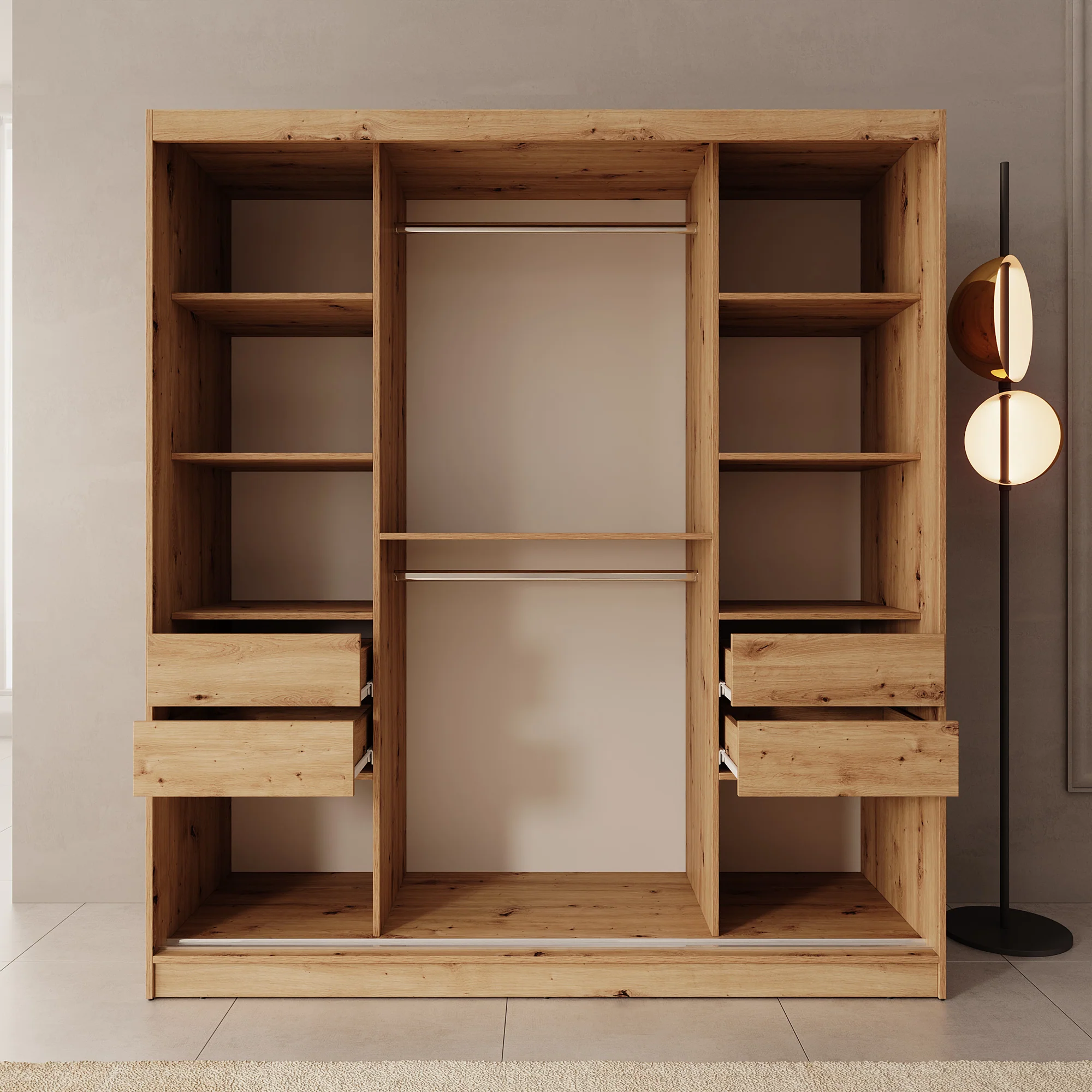 Moyo - Kledingkast met 2 schuifdeuren - Eikenpatroon - 180x62x200 cm - Image 2