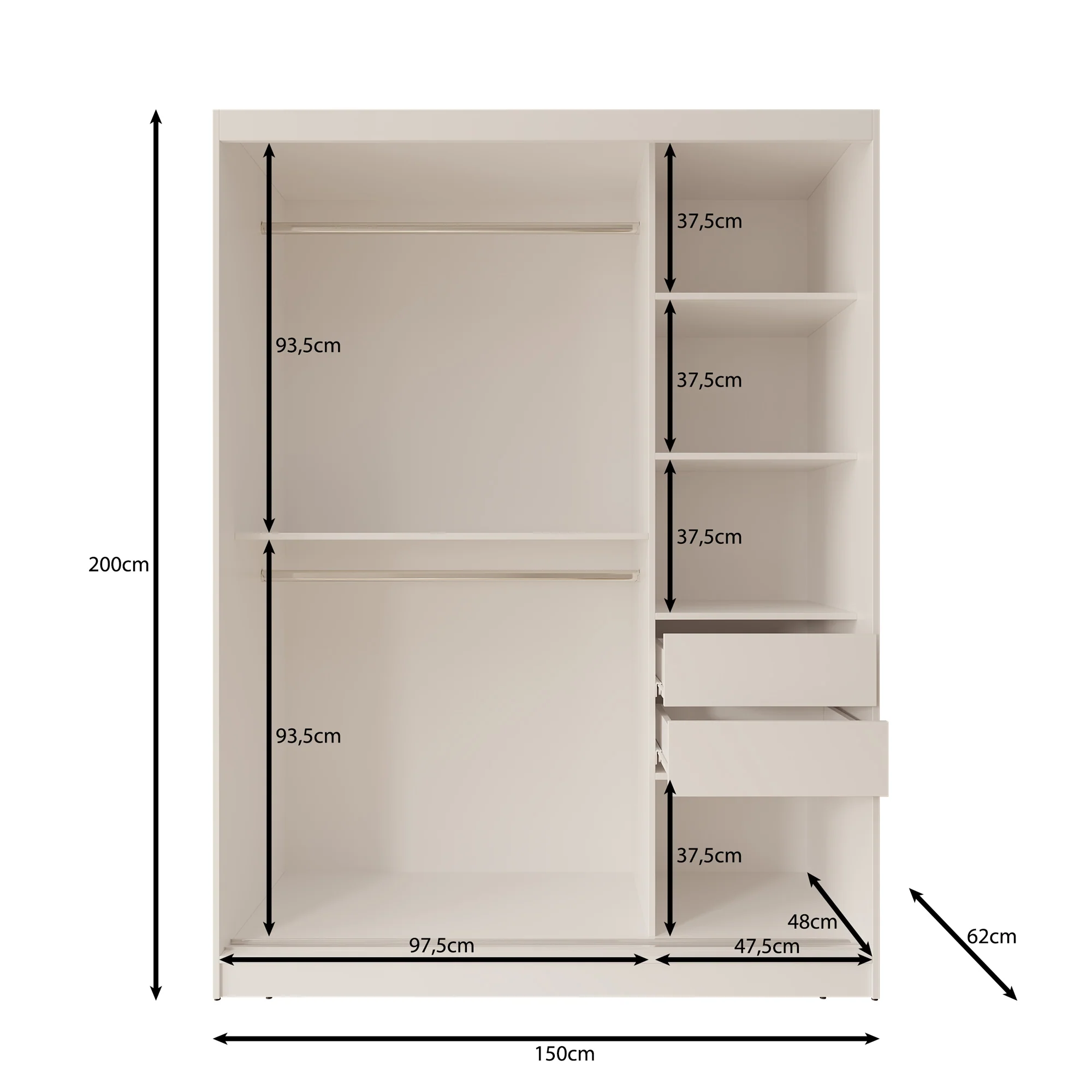 Moyo - Kledingkast met 2 schuifdeuren - Zwart - 150x62x200 cm - Image 5