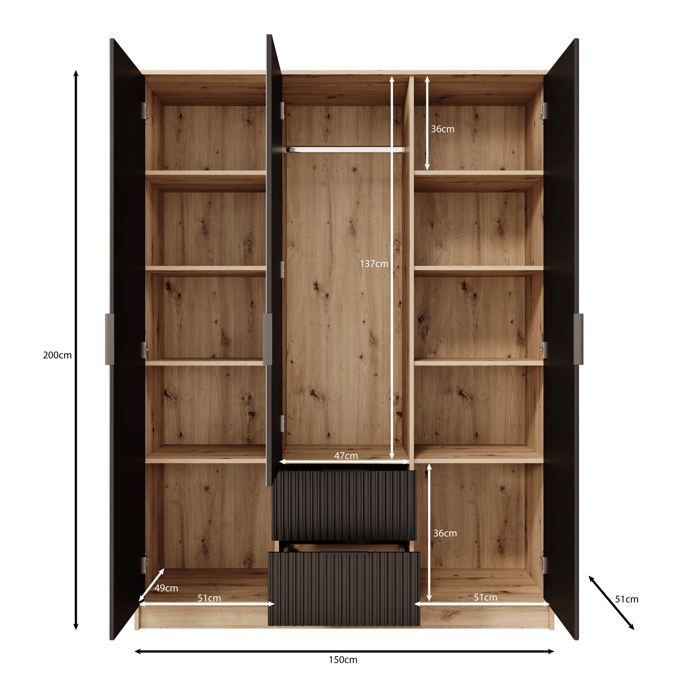 Negroni - Kledingkast met 3 deuren - Eiken/Zwart - 150x51x20 - Image 5