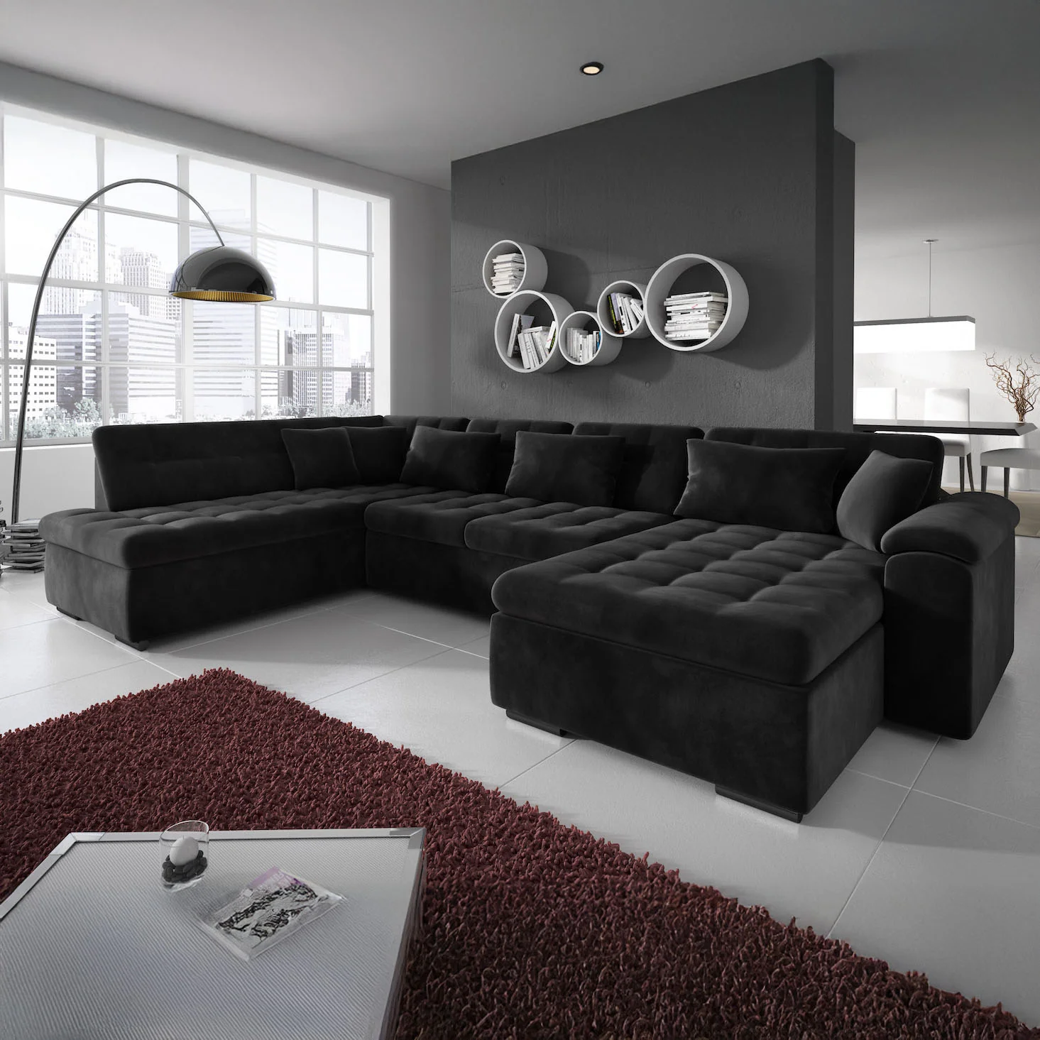 Nicoreta - Hoekbank 5-zits met chaise longue - Velvet zwart - Rechts