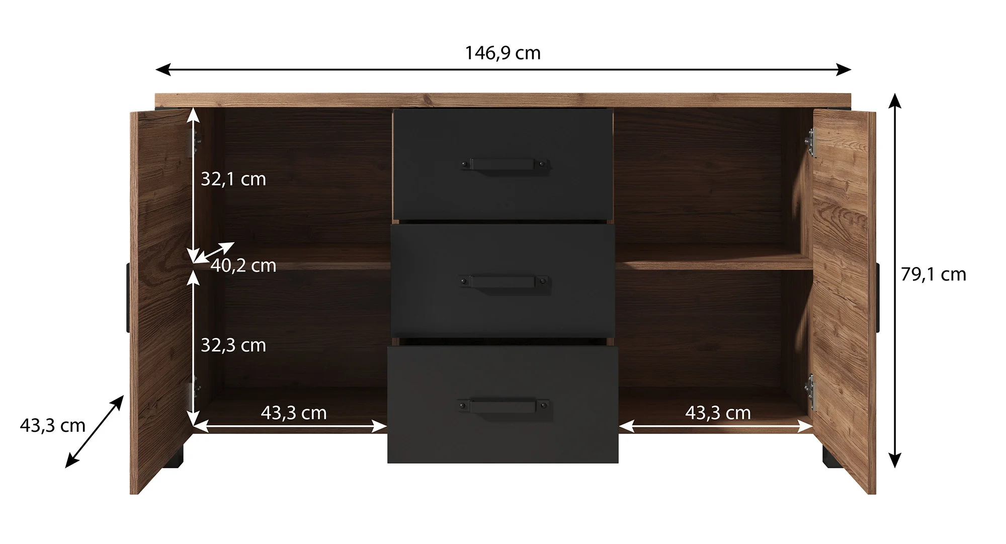 Olivia - Dressoir - Zwart/eiken - 147x43x79 cm - Image 5