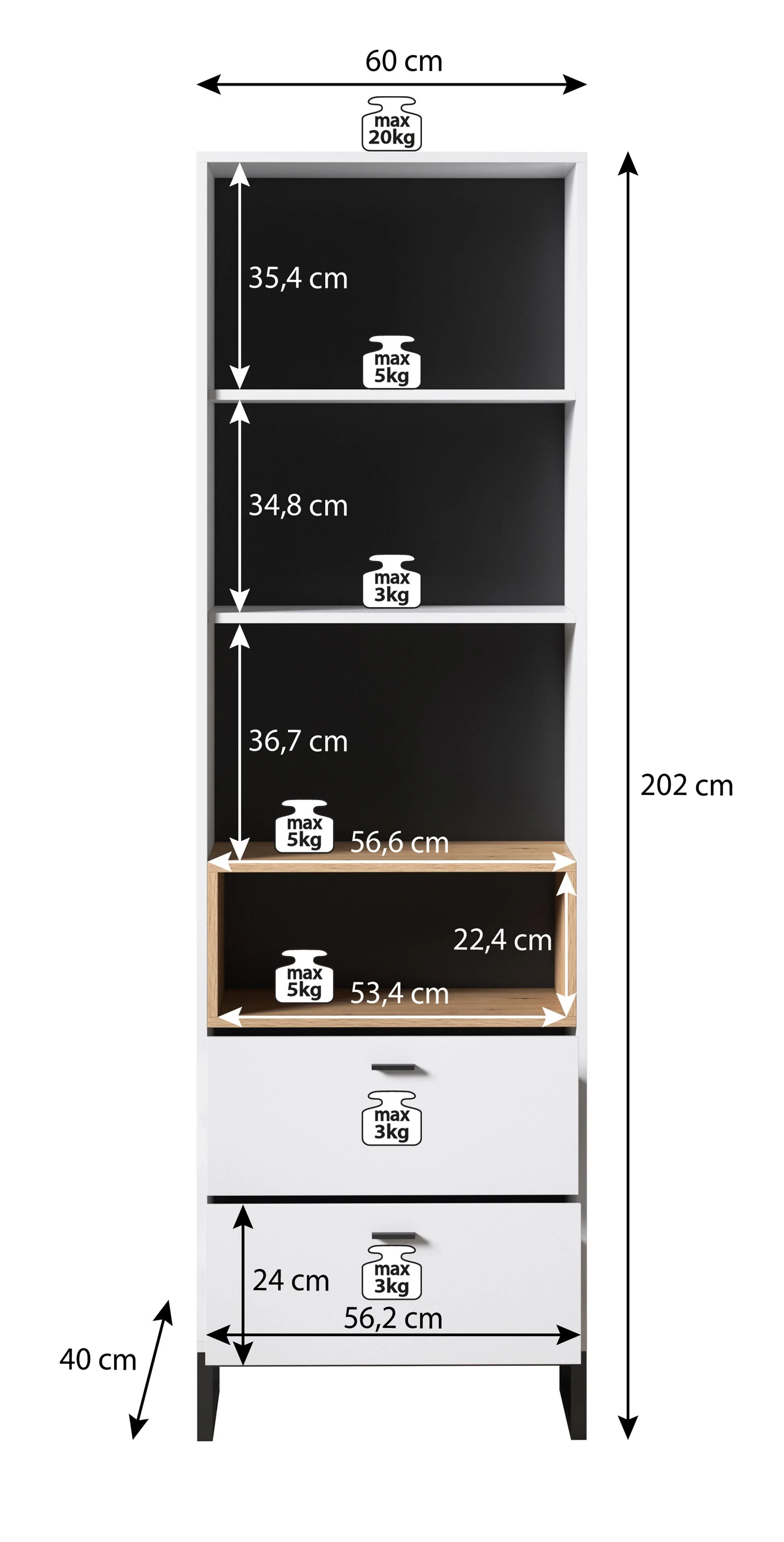 Ozzy - Boekenkast - Eiken/zwart - 60x40x202 cm - Image 6