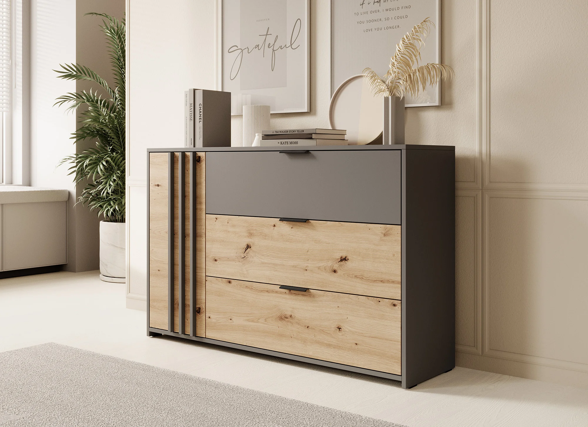 Roma - Dressoir - Grijs/eiken - 125x35x80 cm