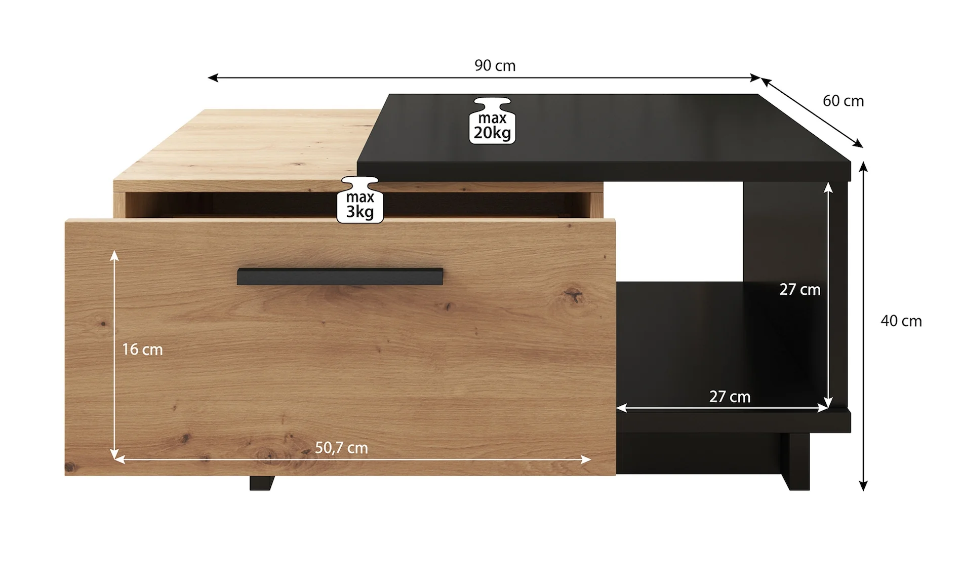 Incala - Salontafel 2 lades - Eiken/zwart - 90x60x40 cm - Image 5