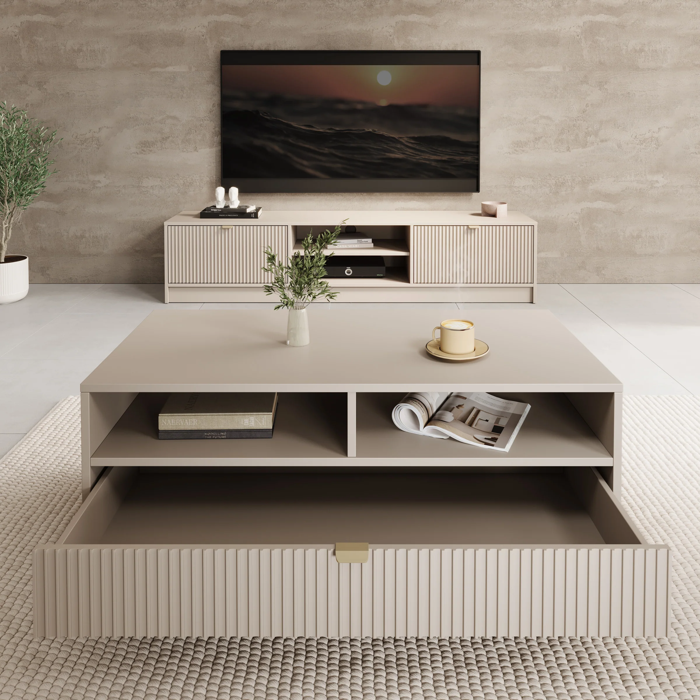 Tavares - Salontafel met lade - Beige - 100x50x40 cm - Image 2