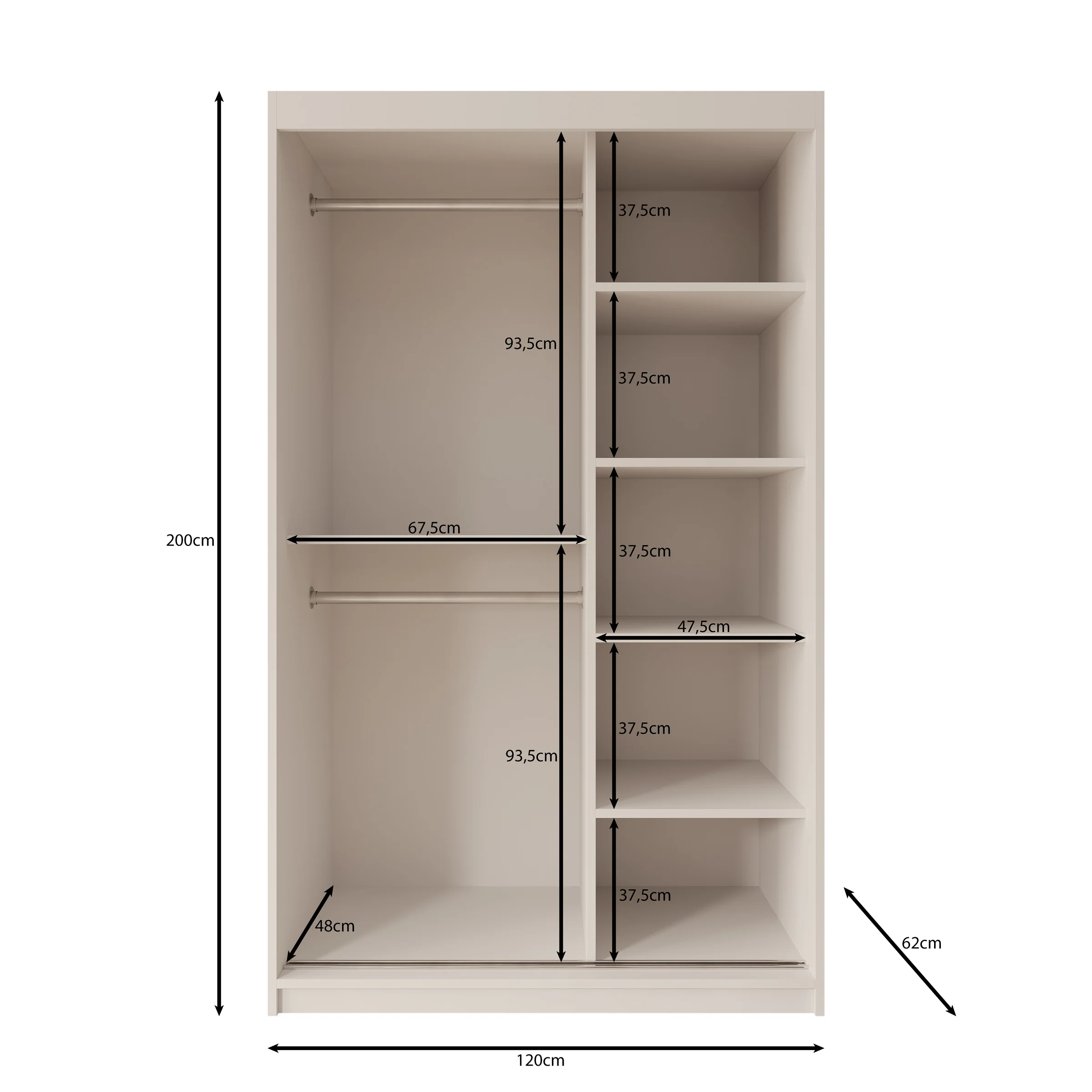 Sentoji - Kledingkast met 2 schuifdeuren - Wit - 120x62x200 cm - Image 5