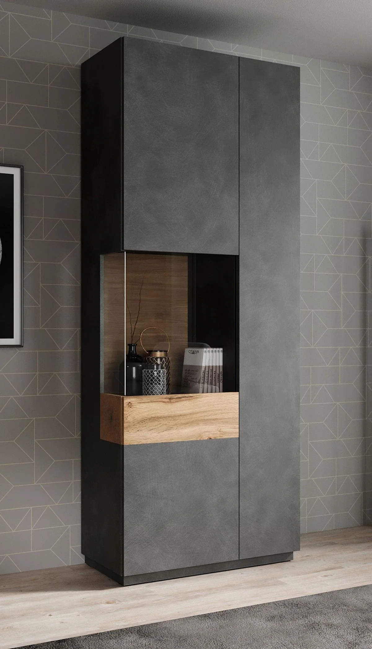 Sublime - Vitrinekast - Grijs/eiken - 80x40x207 cm