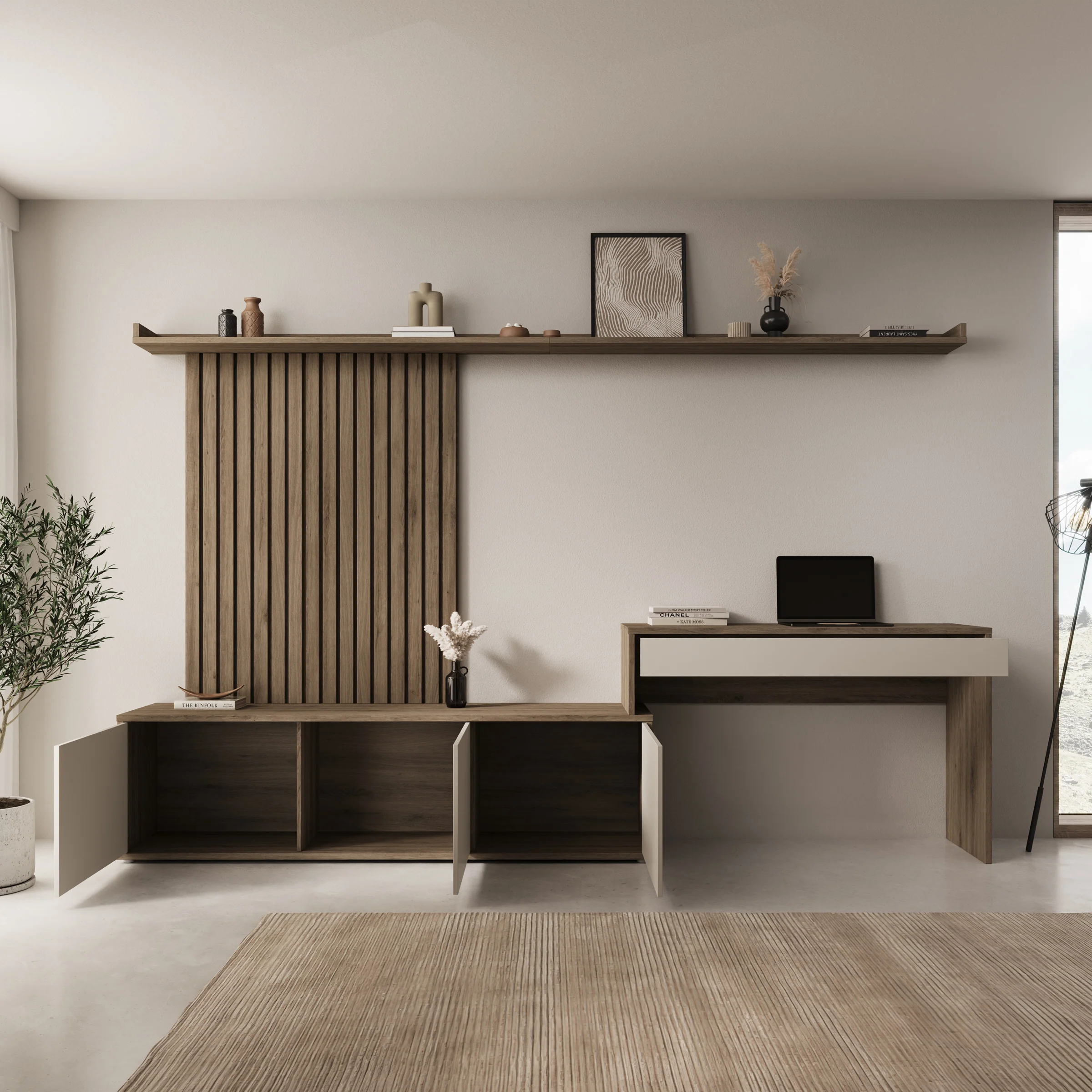 Sundra - Wandmeubel met bureau - Beige/Eiken - 300x42x190 cm - Image 2