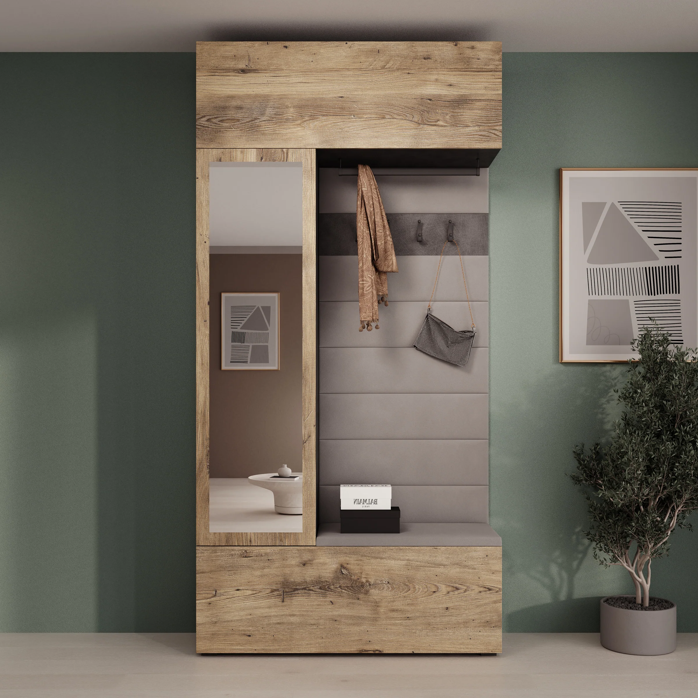 Telora - Halkast met deur - Eikenpatroon/Grijs - 115x38x232 cm - Image 3