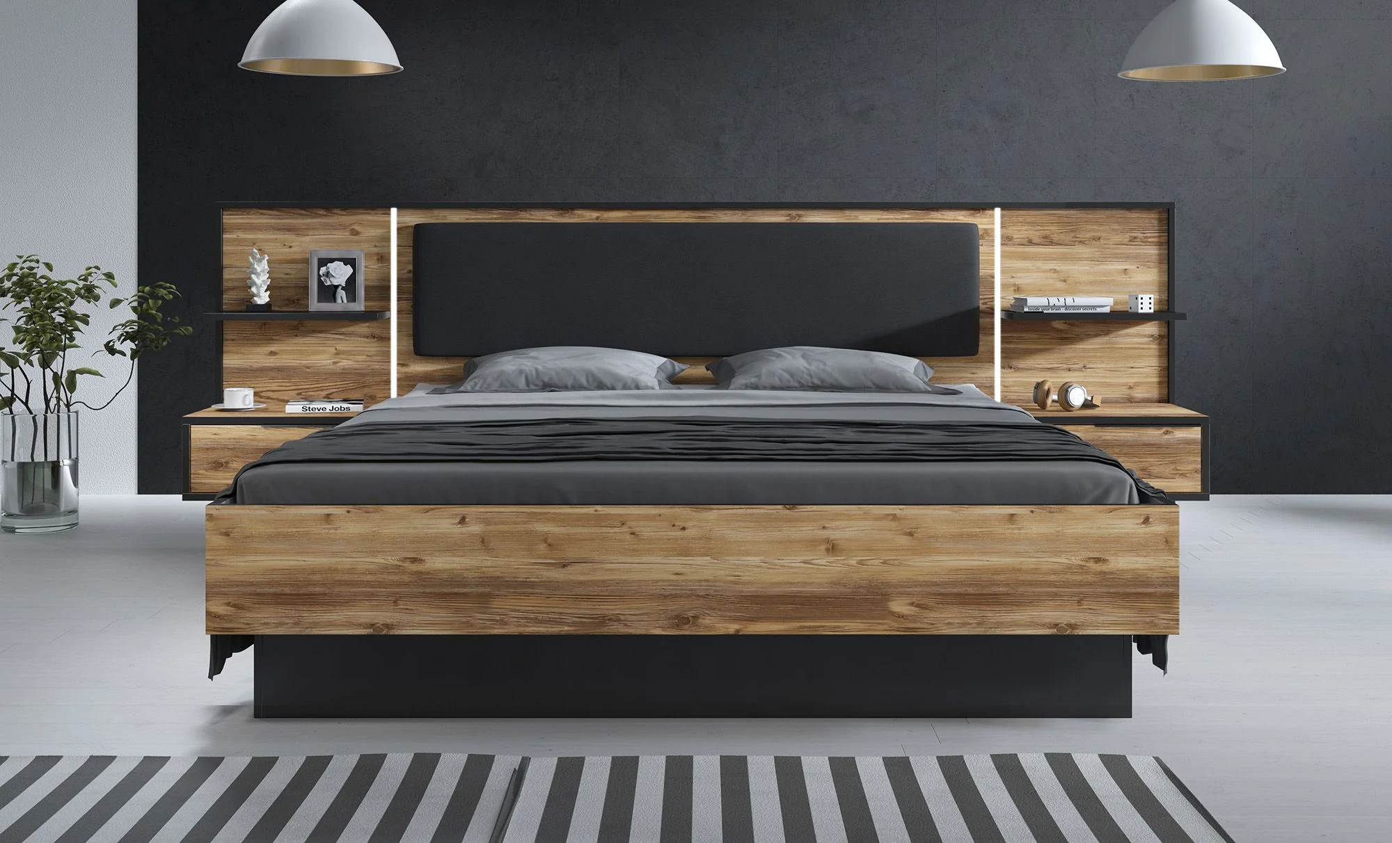 Jacob - Tweepersoonsbed met nachtkastjes - Zwart/Eiken - 180x200 cm - Image 2