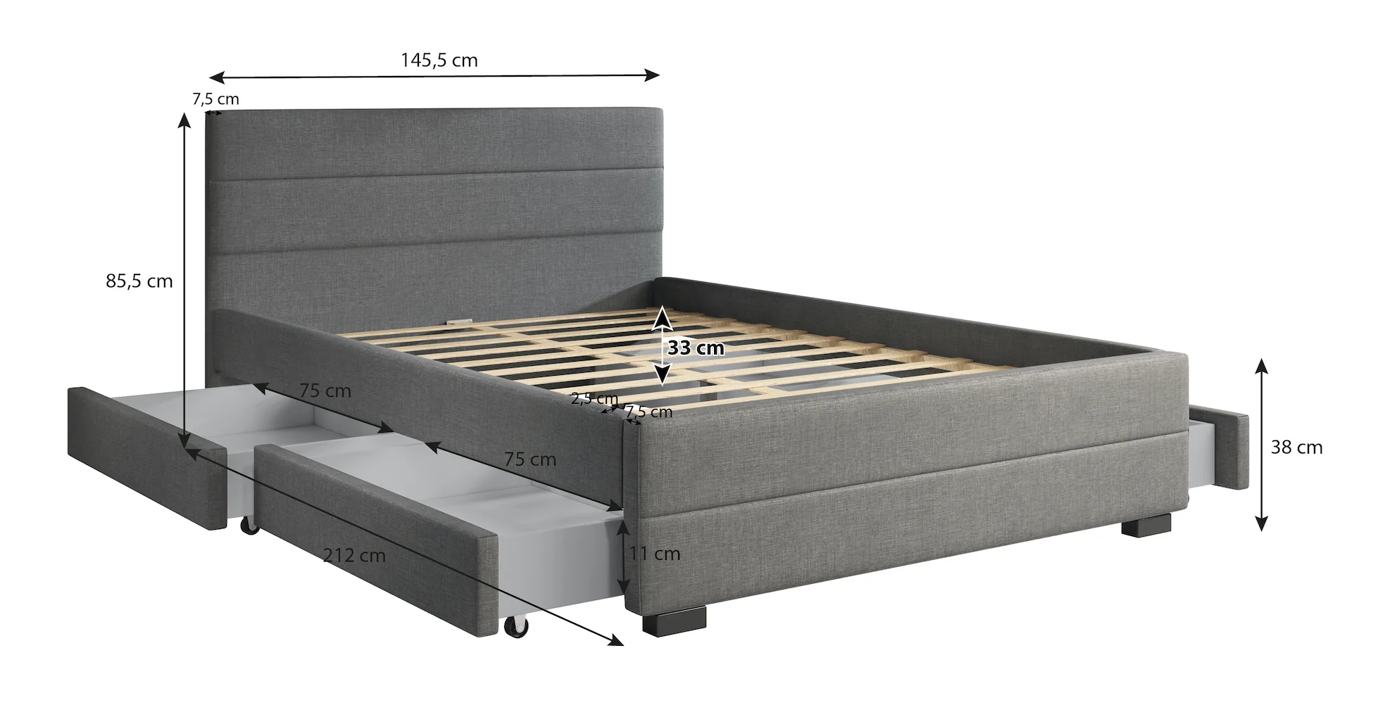 Loox - Tweepersoonsbed met 4 lades - Stof grijs - 140x200 cm - Image 6