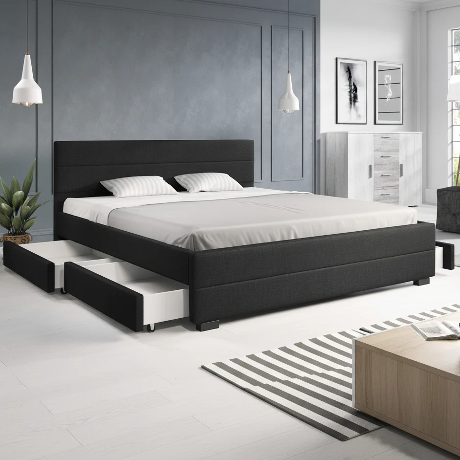 Loox - Tweepersoonsbed met 4 lades - Stof zwart - 180x200 cm