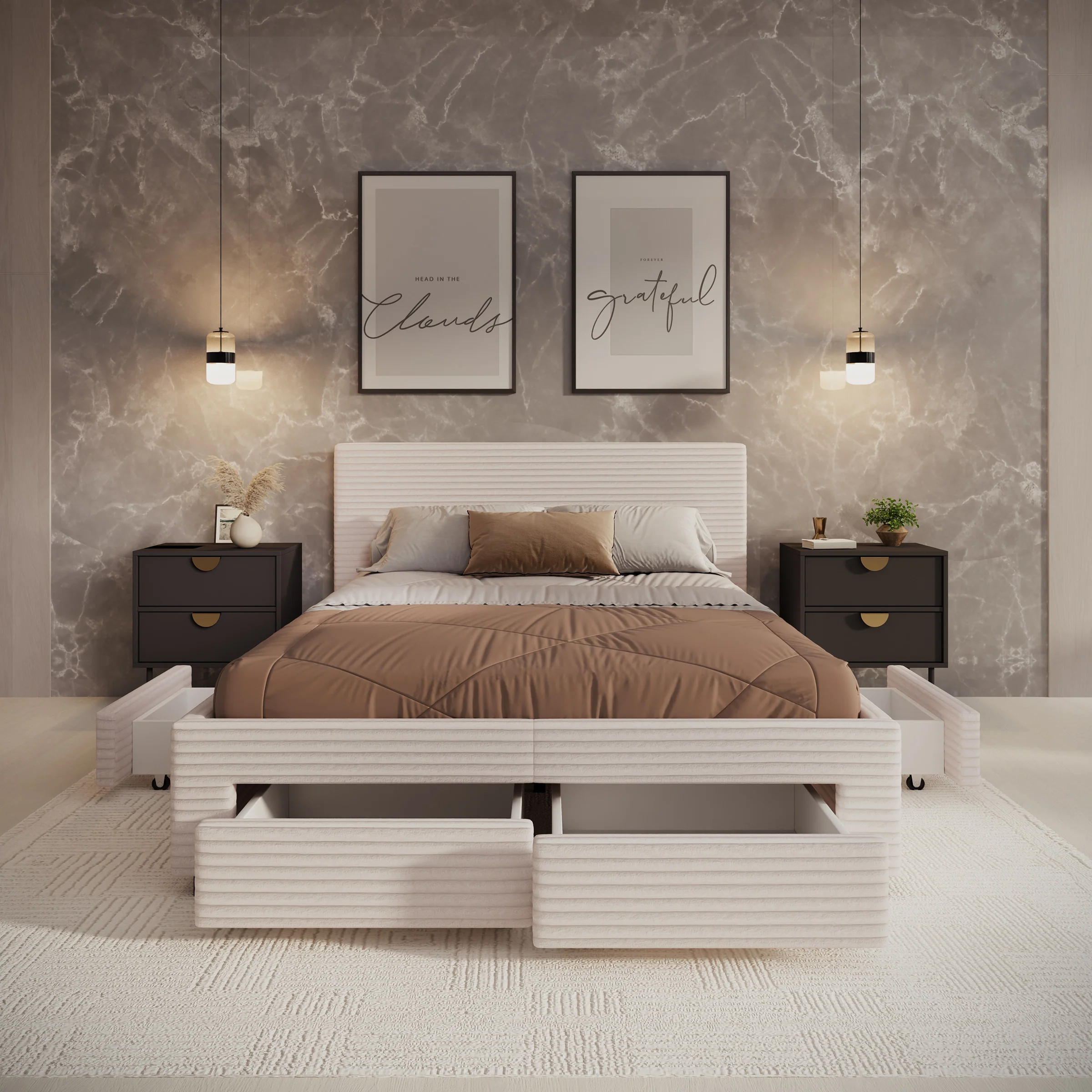 Suente - Tweepersoonsbed met 4 lades - Ribstof beige - 140x200 cm - Image 2