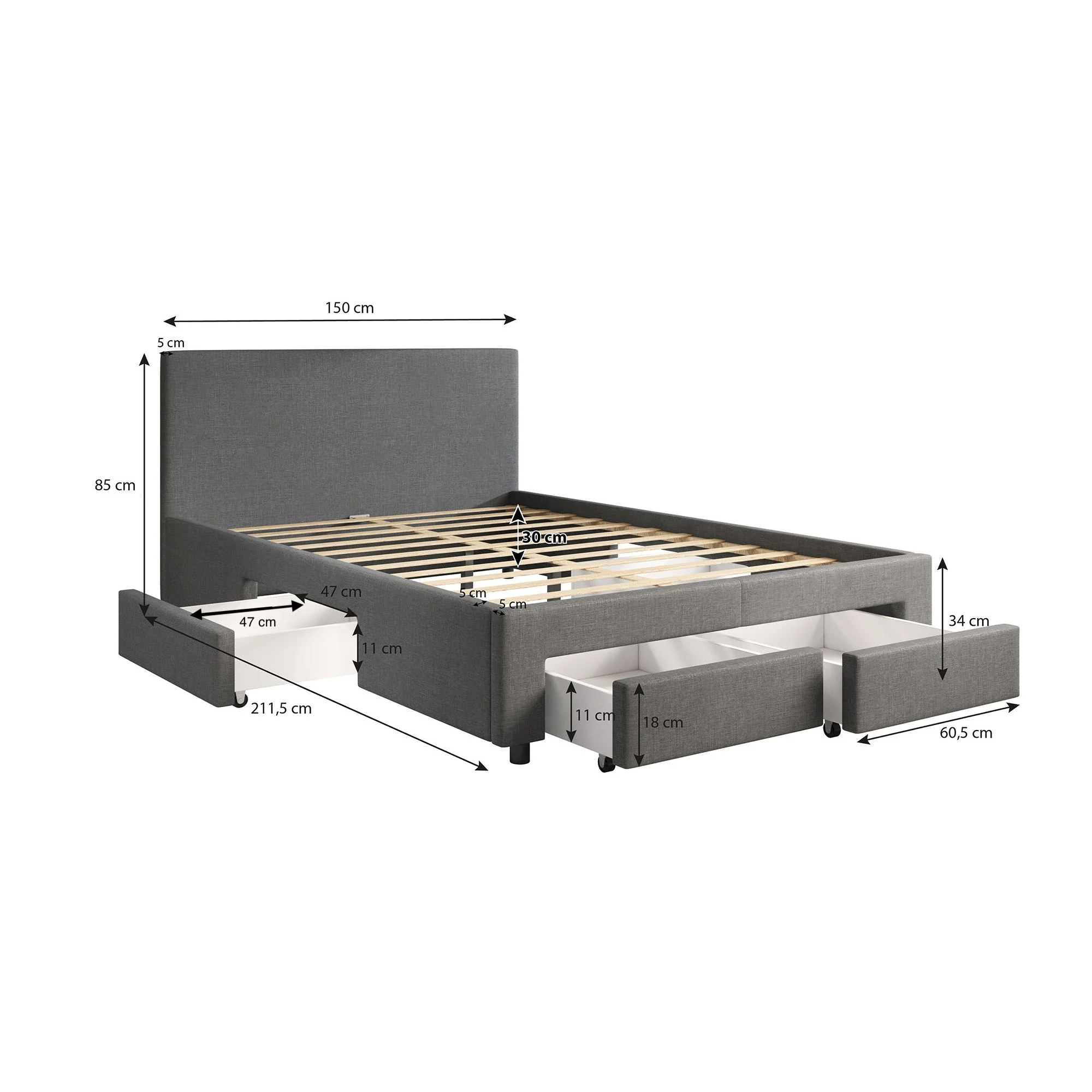 Suente - Tweepersoonsbed met 4 lades - Stof grijs - 140x200 cm - Image 6