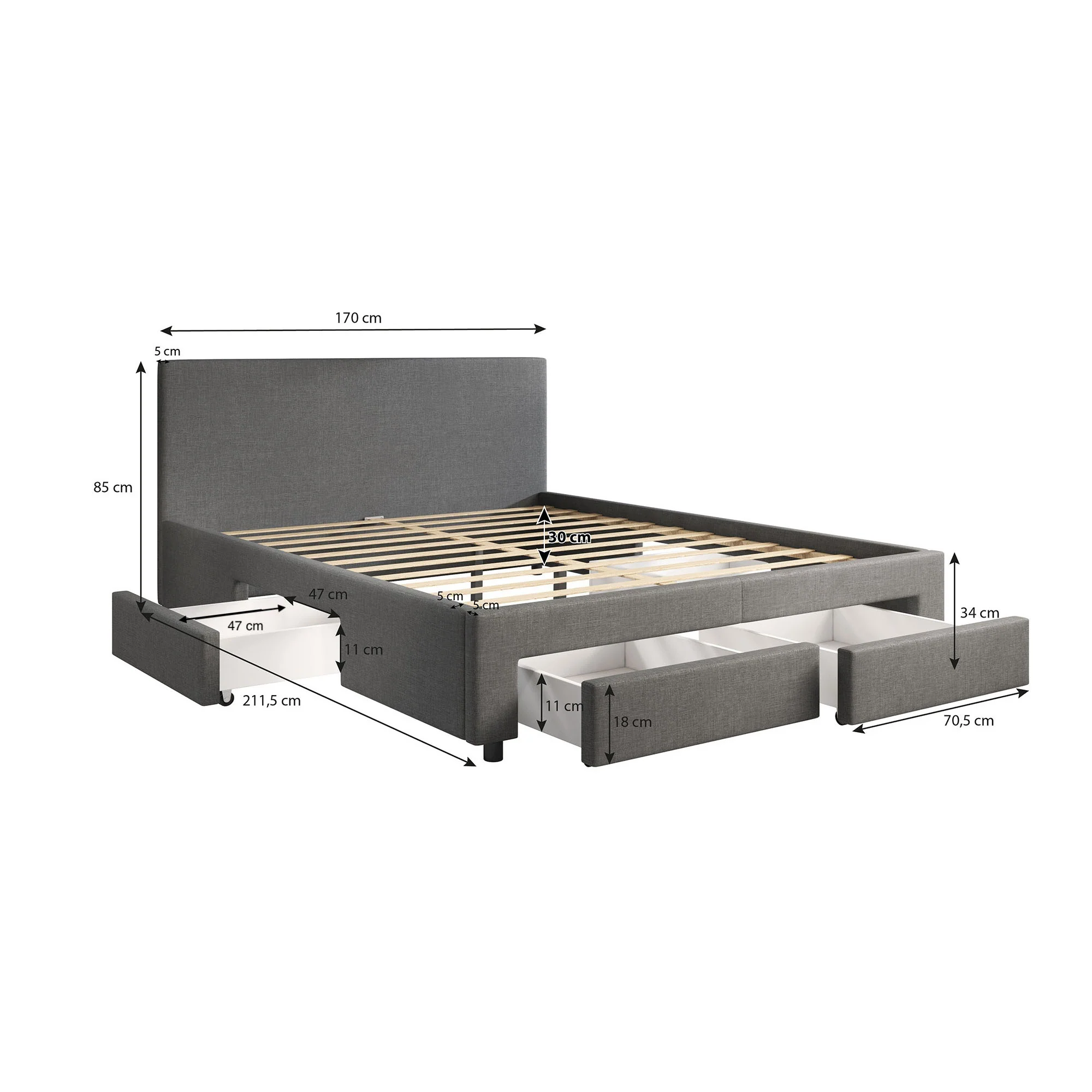 Suente - Tweepersoonsbed met 4 lades - Stof zwart - 160x200 cm - Image 6