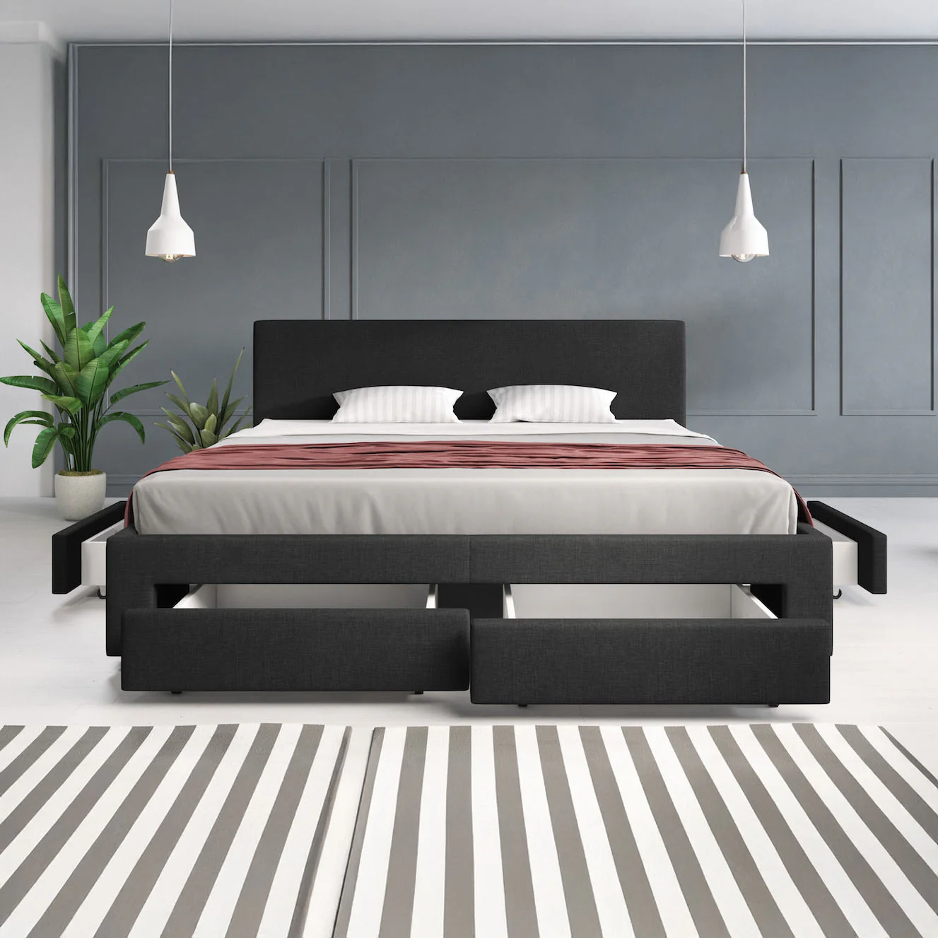 Suente - Tweepersoonsbed met 4 lades - Stof zwart - 180x200 cm - Image 2