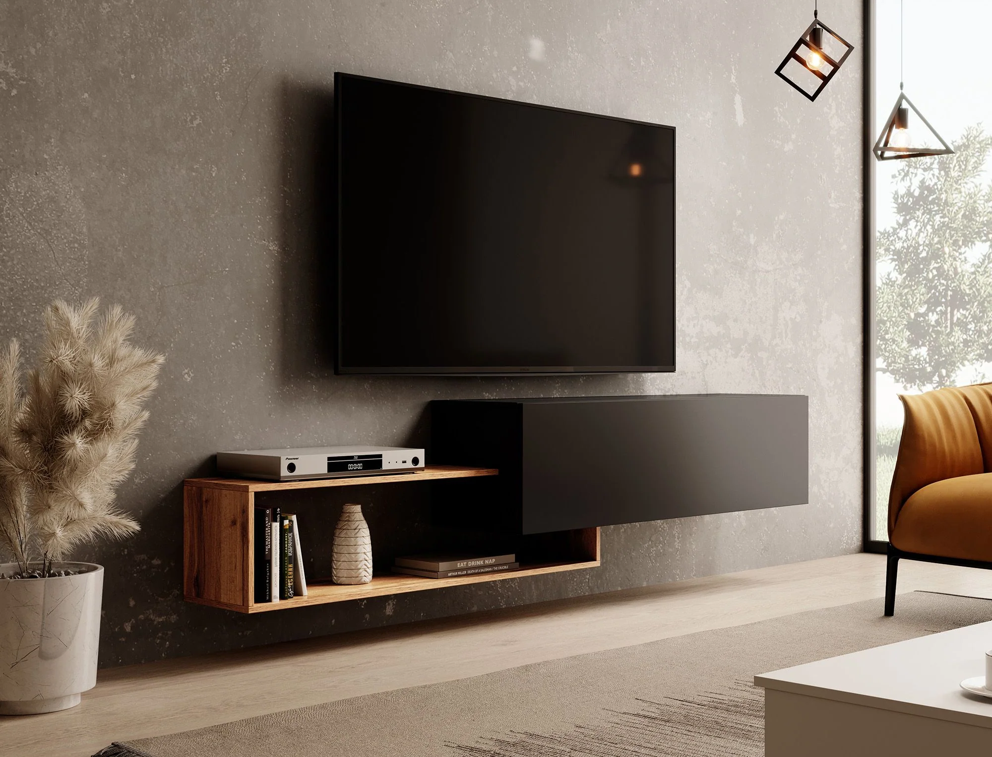 Valdix - TV-Meubel - Mat zwart/eiken - 210 cm
