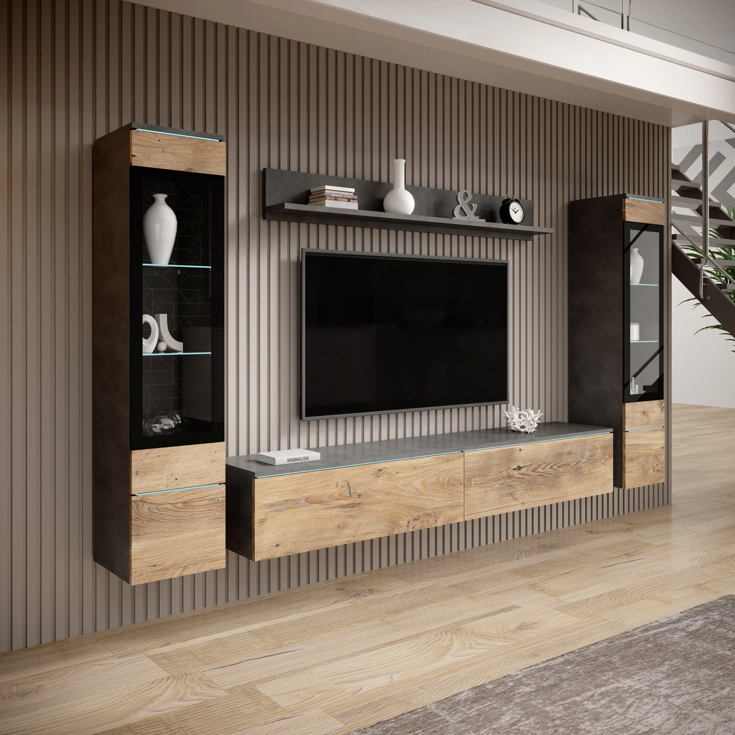 Variety - Wandmeubel - Eiken/Grijs - 180x33x132 cm