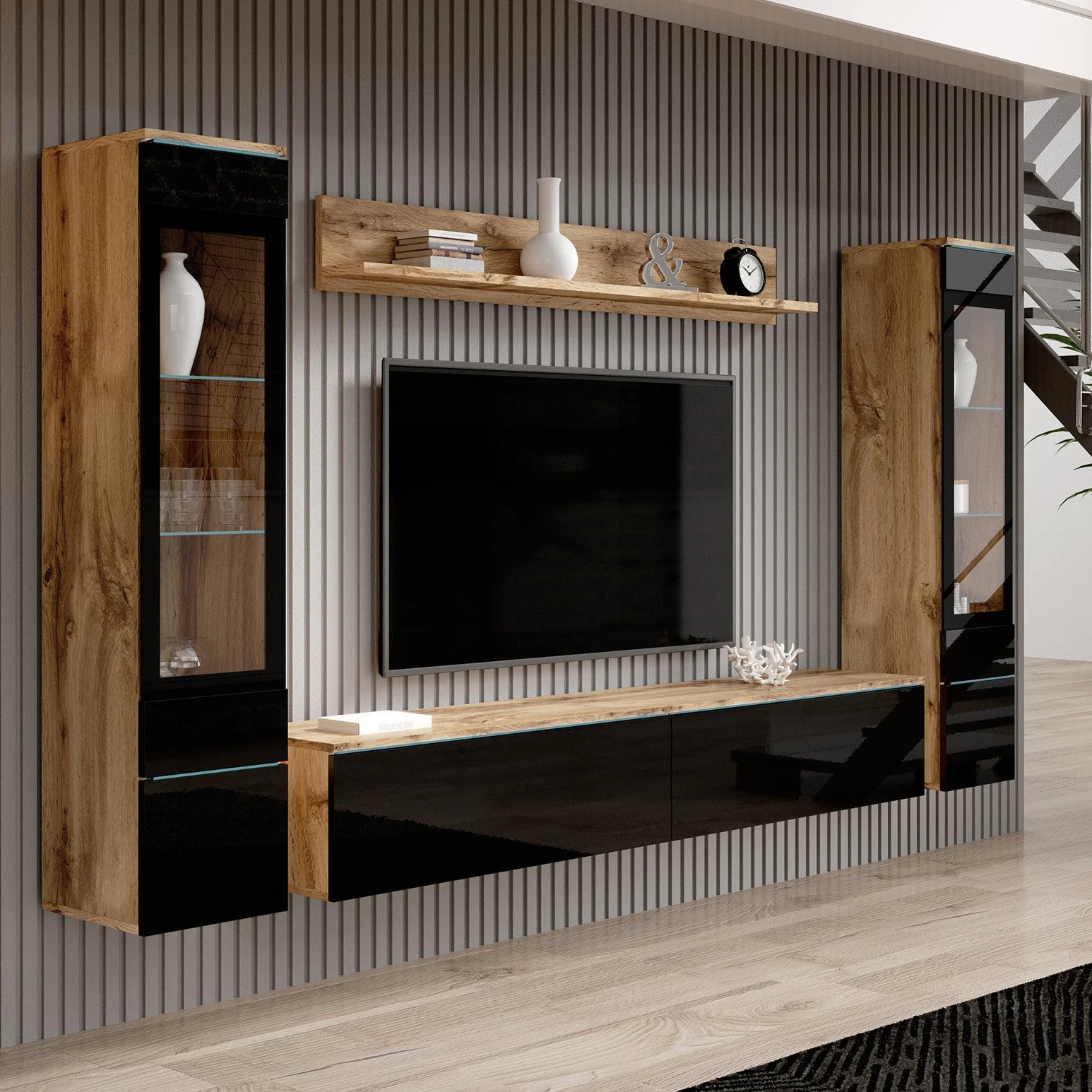Variety - Wandmeubel - Zwart/eiken - 180x33x132 cm