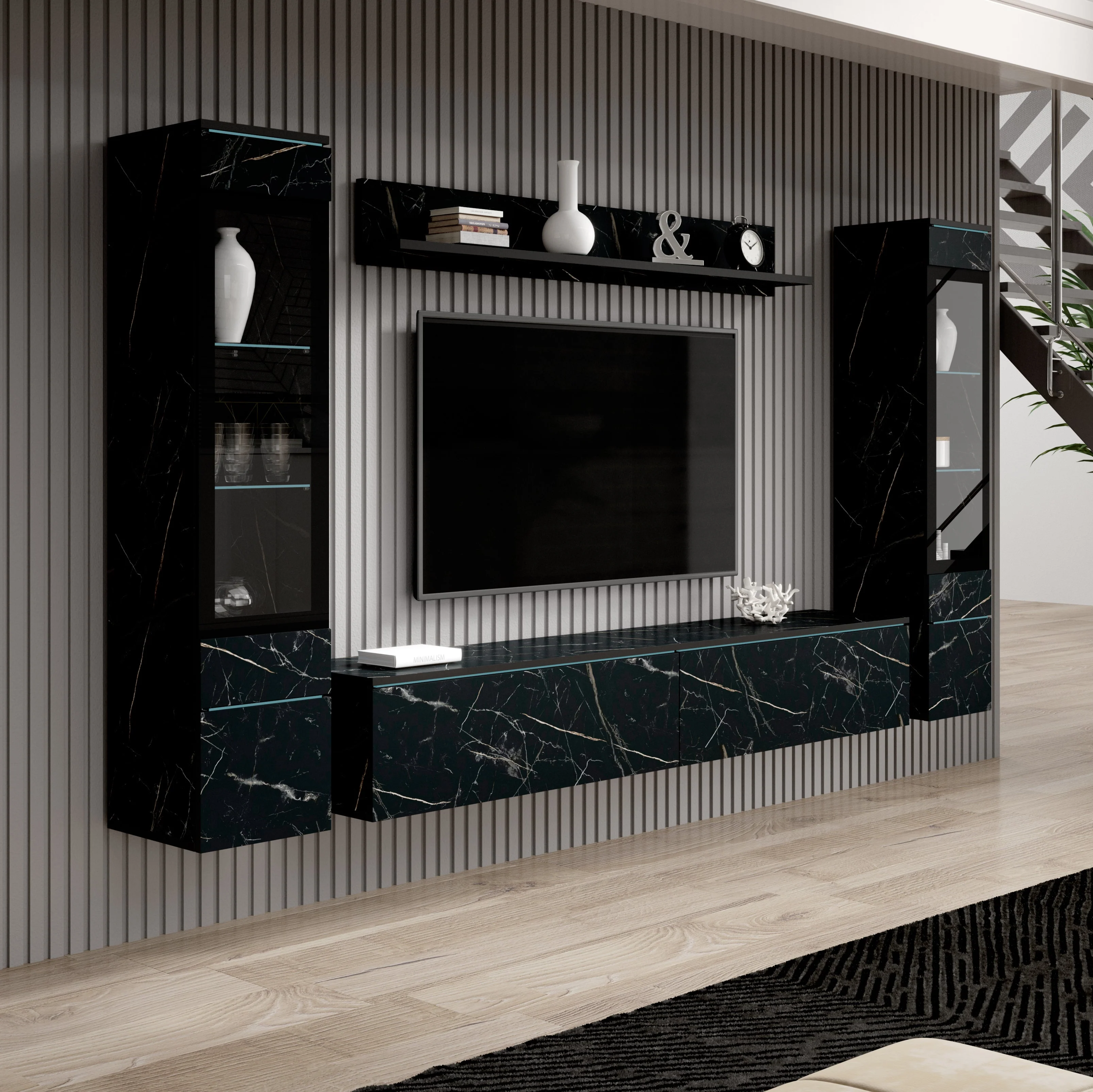 Variety - Wandmeubel - Zwart/marmerlook - 180x33x132 cm