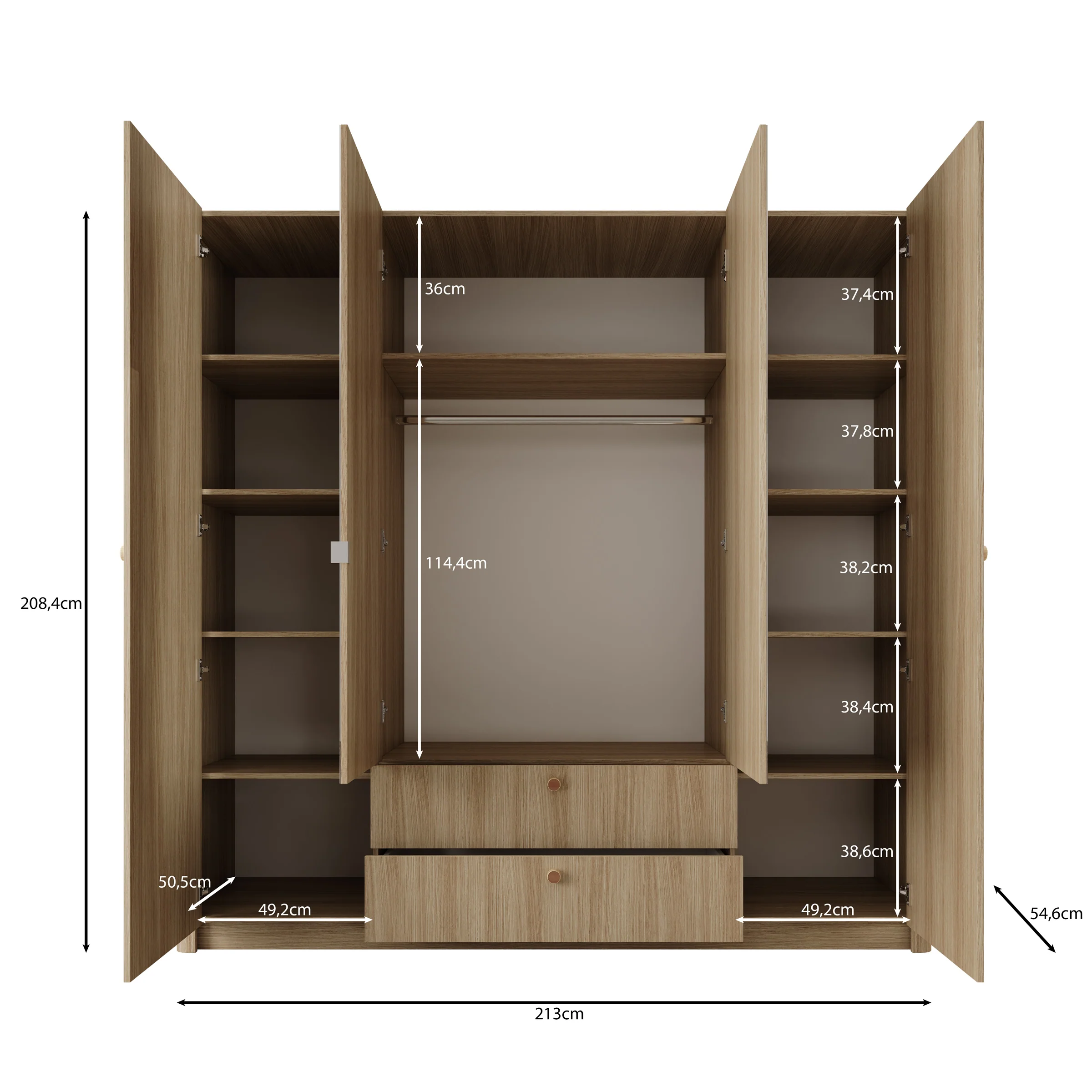 Voorne - Kledingkast met 4 deuren - Eiken - 213x55x208 cm - Image 5
